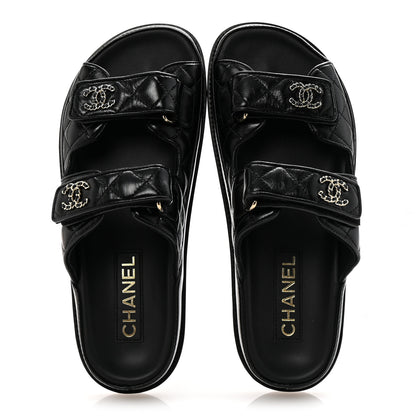 Chanel Lambskin Quilted Velcro Dad Chain CC Slide Sandals 38 Black 2 of 10