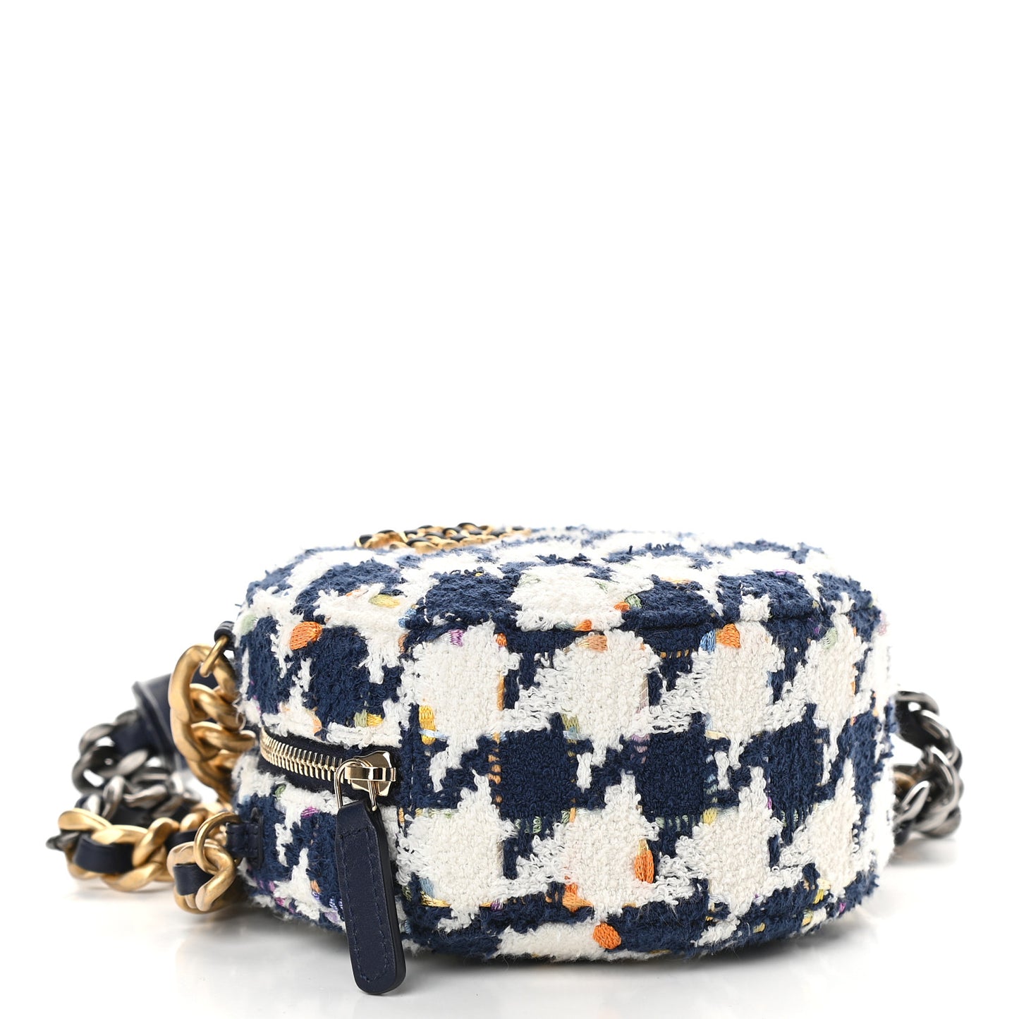 Tweed Chanel 19 Round Clutch With Chain Ecru Navy Blue Multicolor