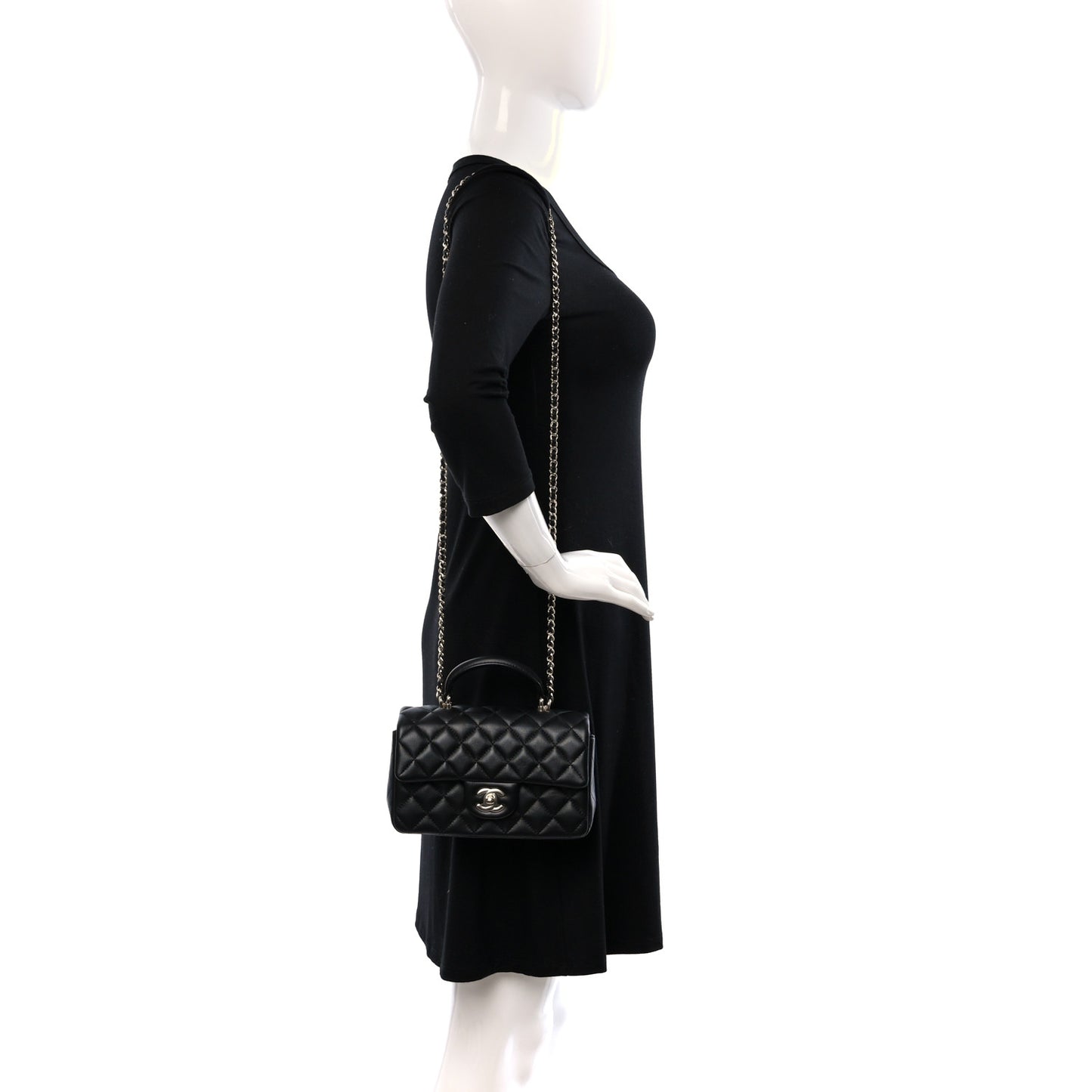 Lambskin Quilted Mini Top Handle Rectangular Flap Black