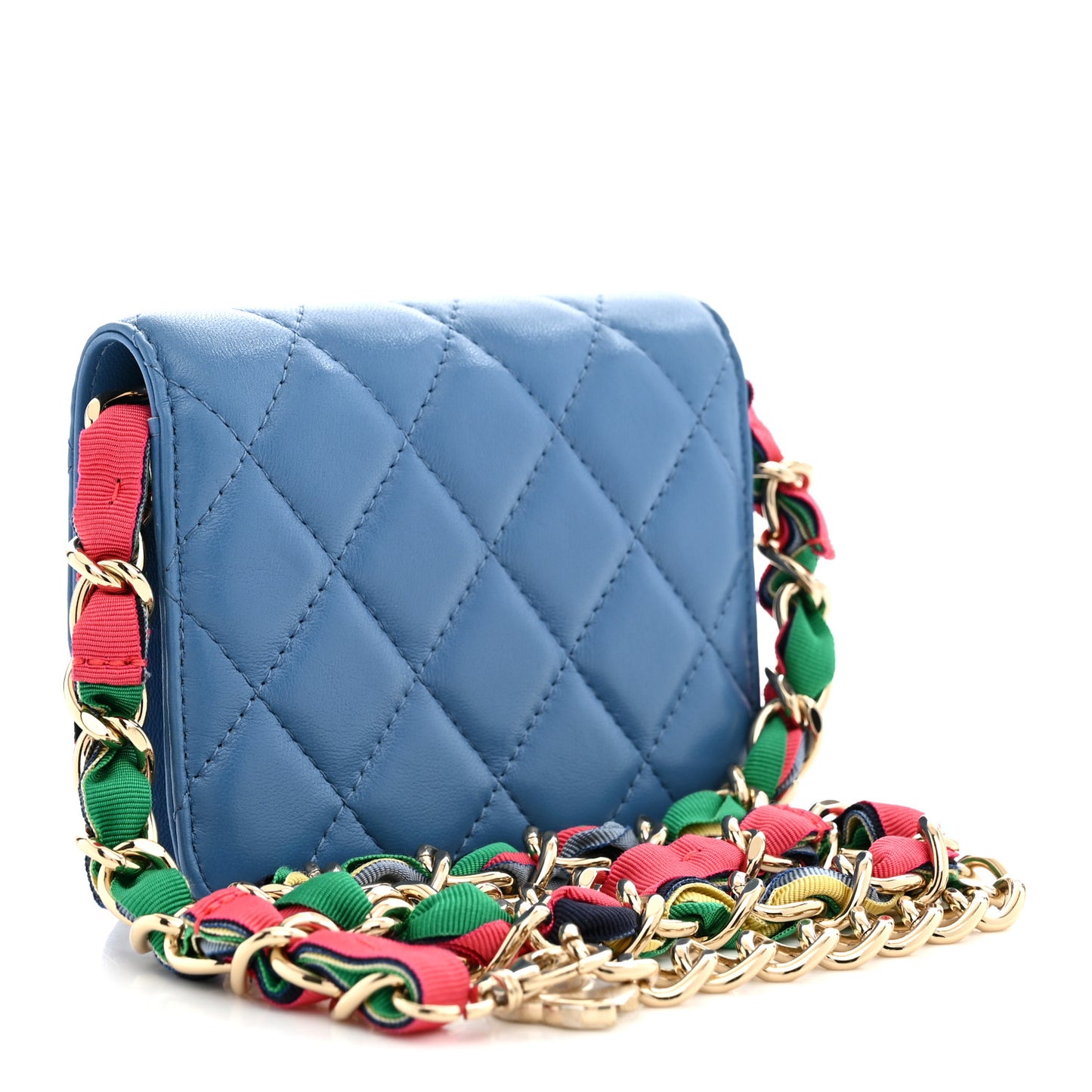 Shiny Lambskin Ribbon Quilted Flap Belt Bag Blue