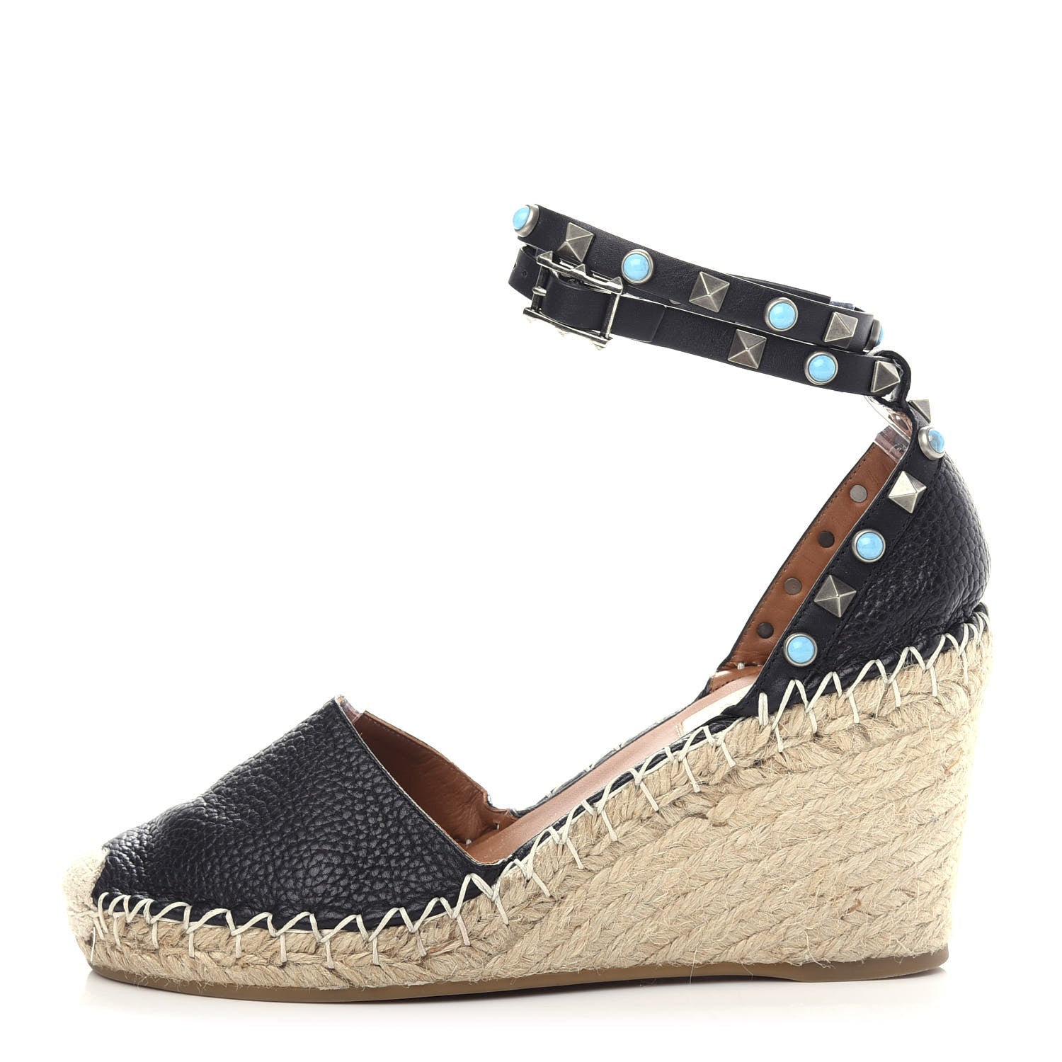 Valentino Garavani Grained Calfskin Turquoise Rockstud Rolling Ankle Wrap Espadrille 15/85mm Wedges 36 Black 1 of 12