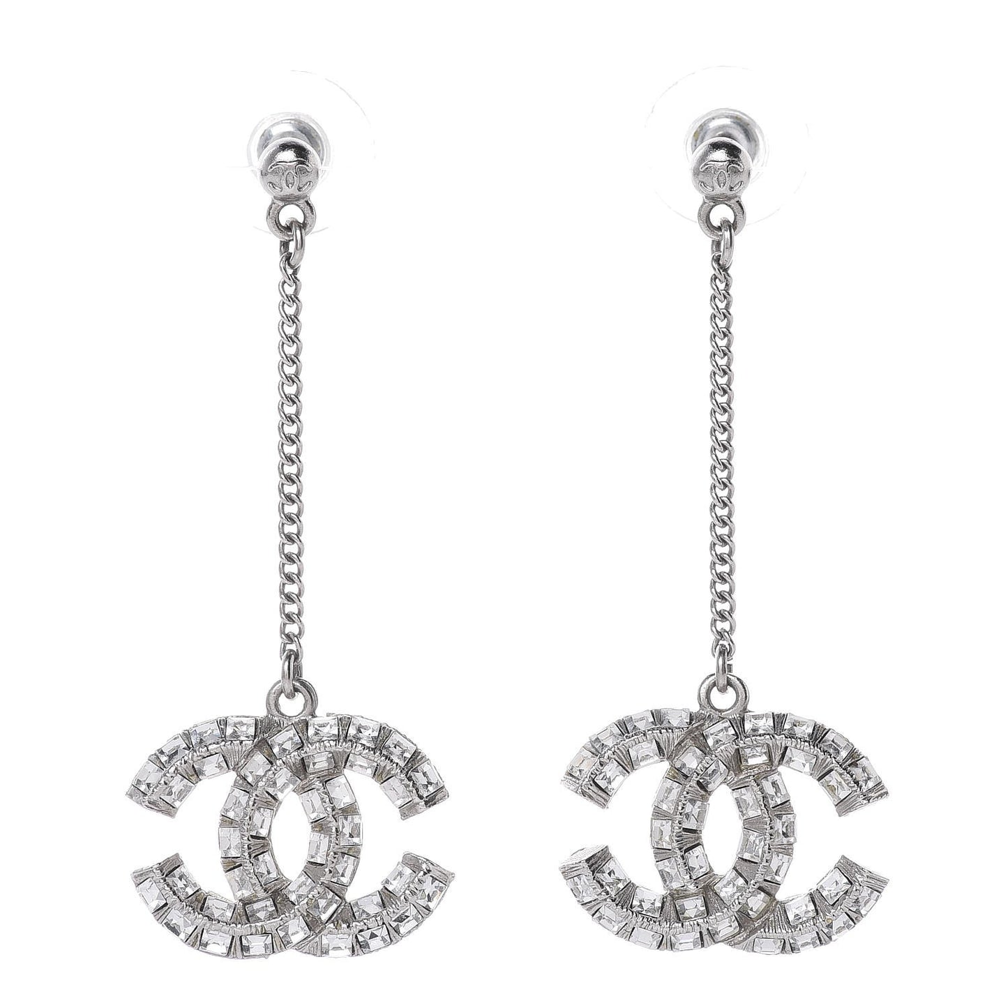 Baguette Crystal CC Drop Earrings Silver