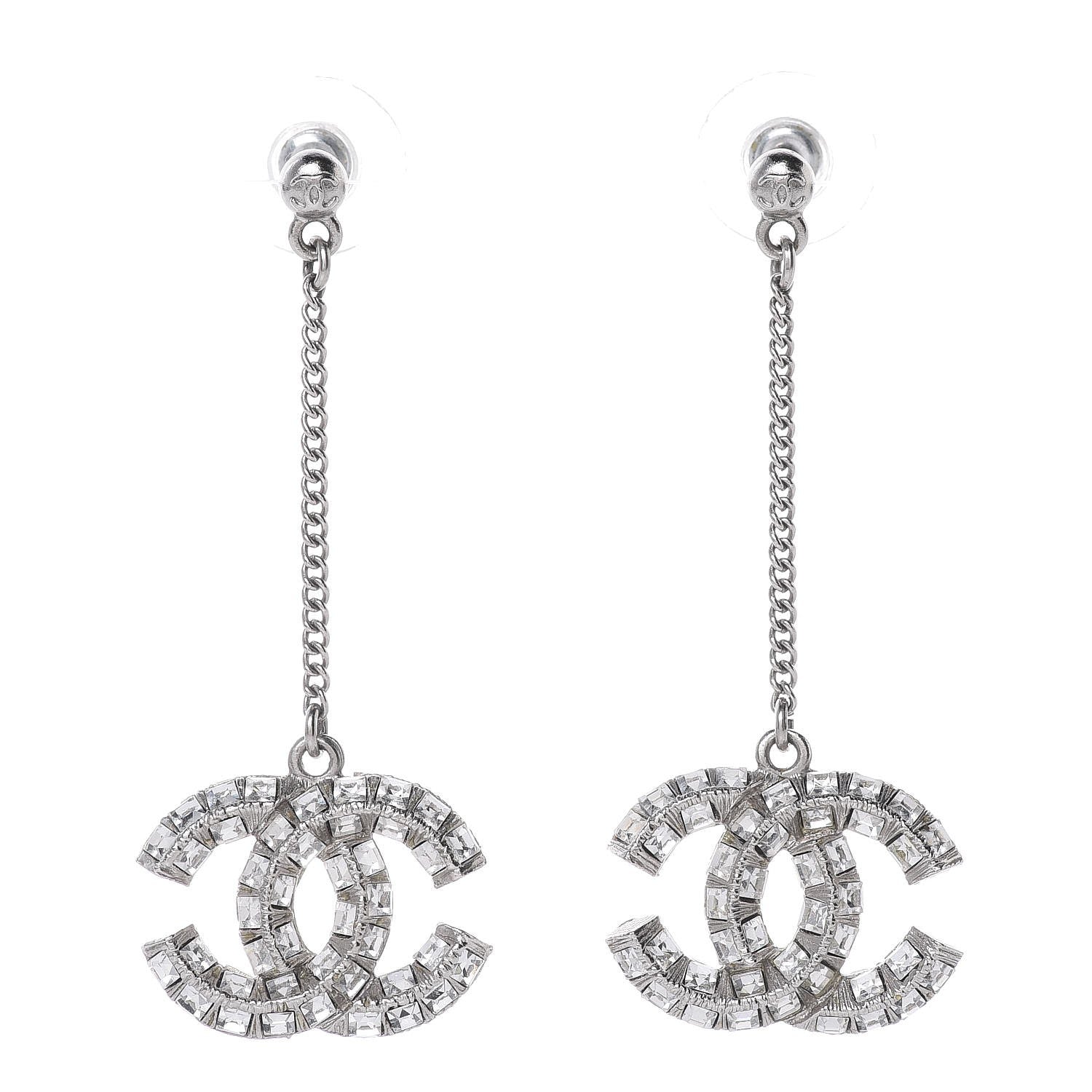 Chanel Baguette Crystal CC Drop Earrings Silver 1 of 4