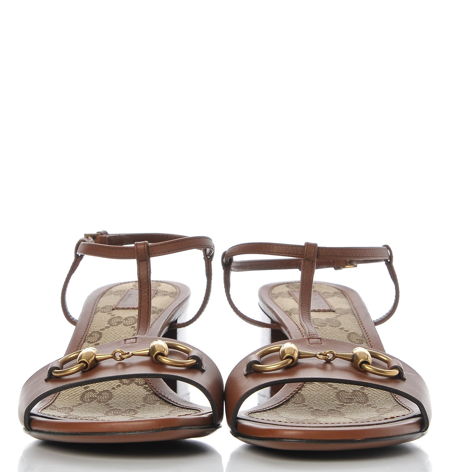 Gucci Calfskin Monogram Horsebit T-Strap Low Heel Sandals 38 Cognac 2 of 7