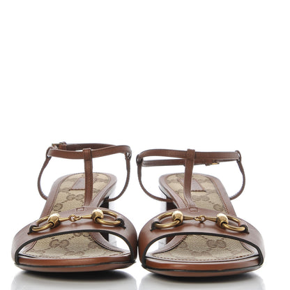 Gucci Calfskin Monogram Horsebit T-Strap Low Heel Sandals 38 Cognac 2 of 7