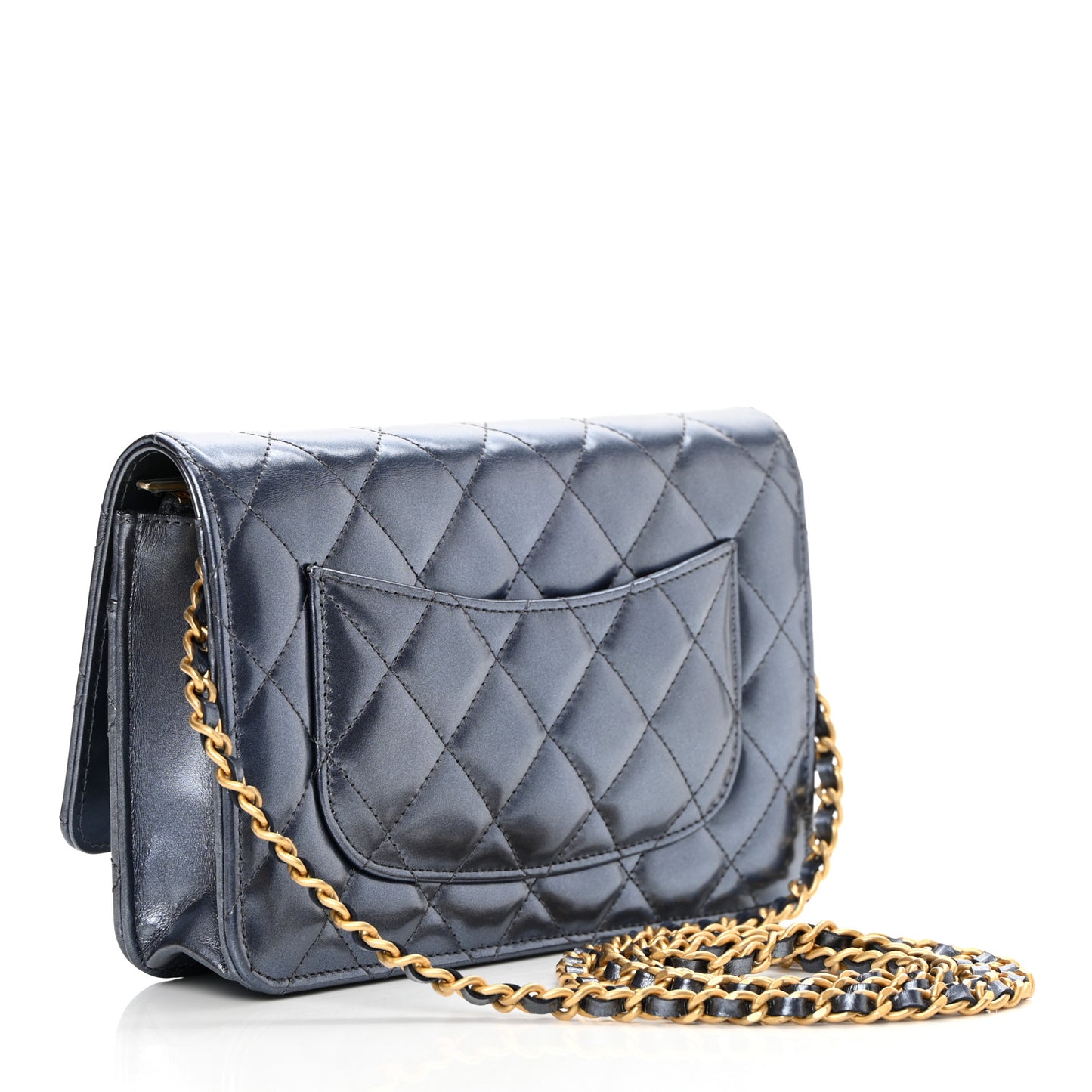 Metallic Lambskin Wallet On Chain WOC Dark Blue