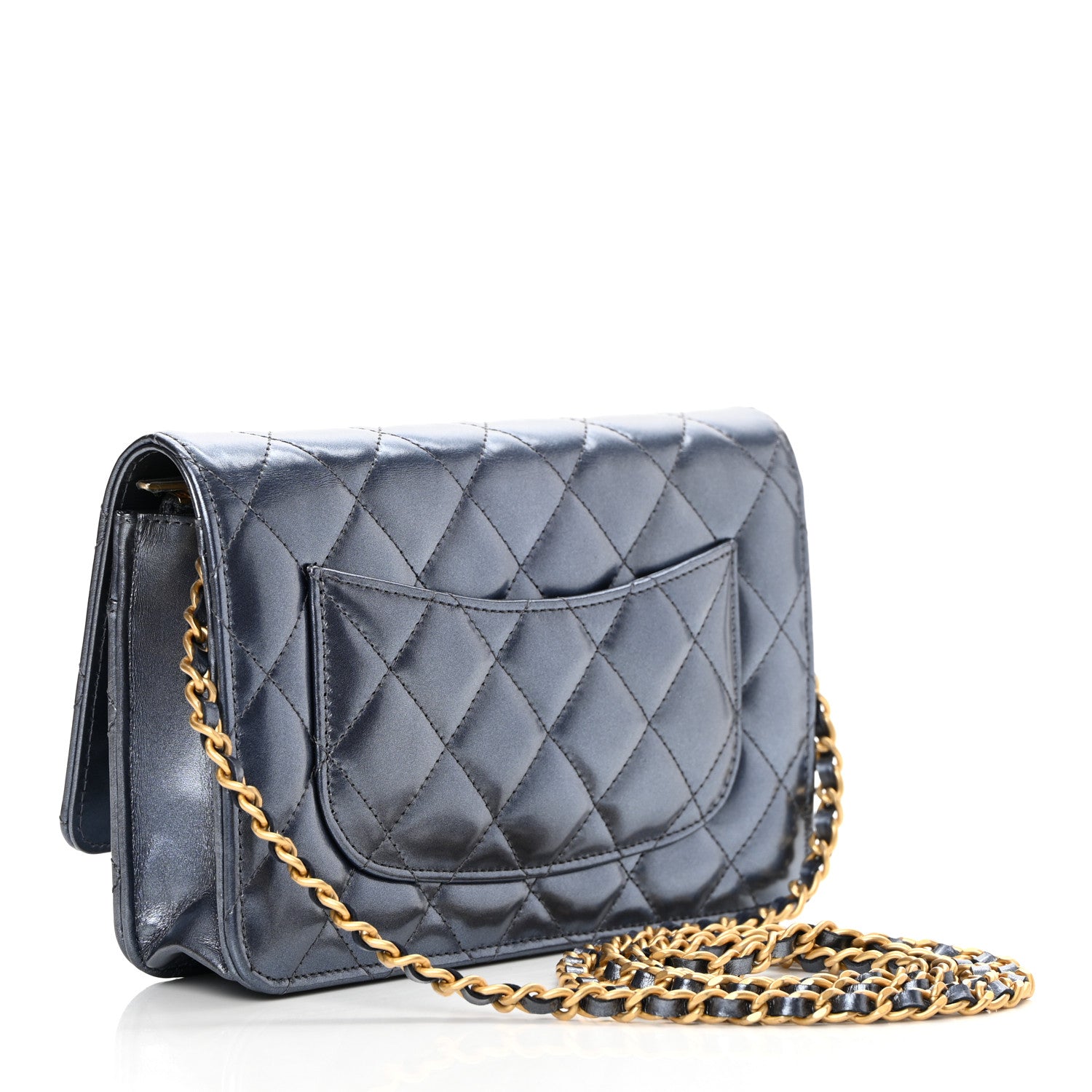 Chanel Metallic Lambskin Wallet On Chain WOC Dark Blue 3 of 11