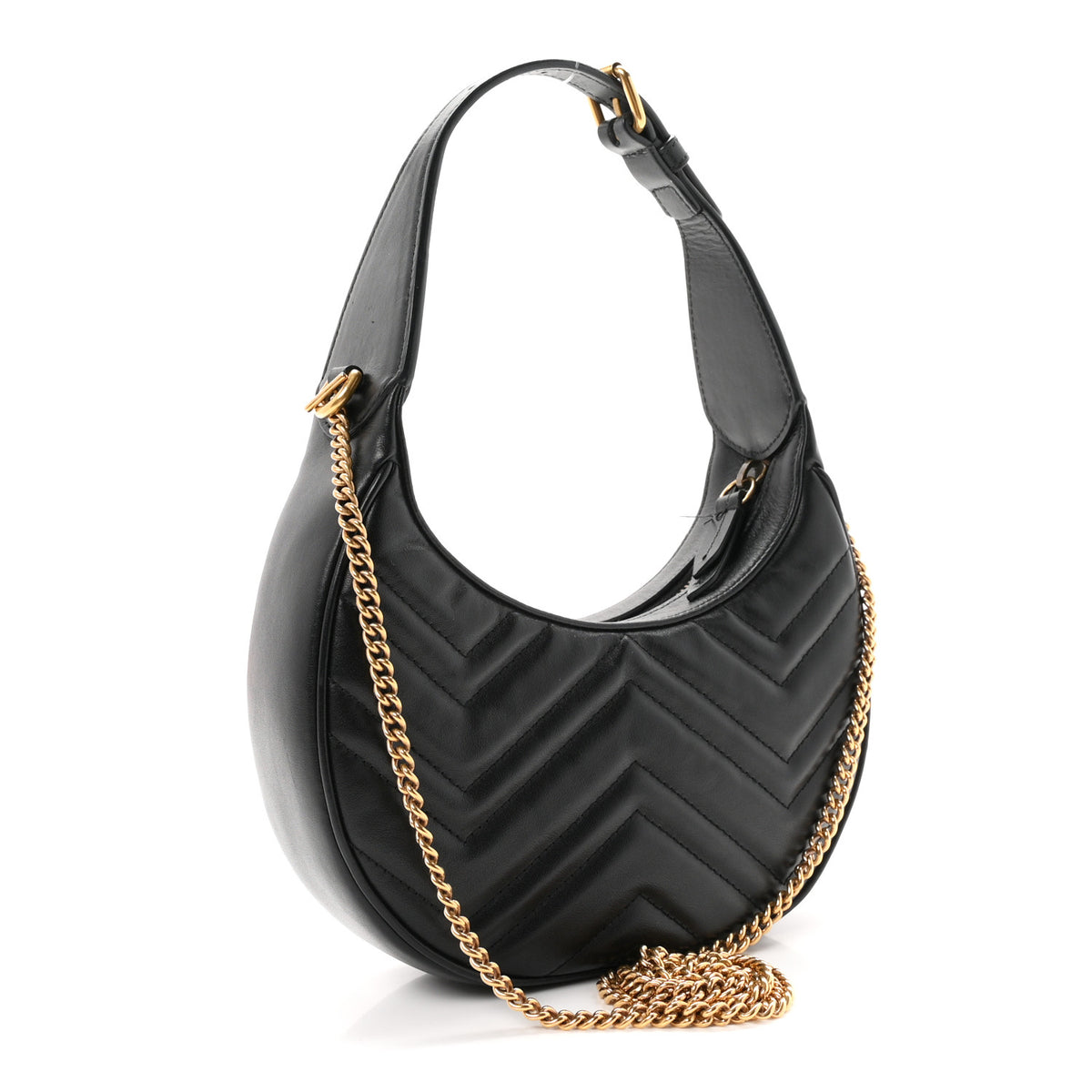 Calfskin Matelasse Chevron Mini GG Marmont Half Moon Hobo Black