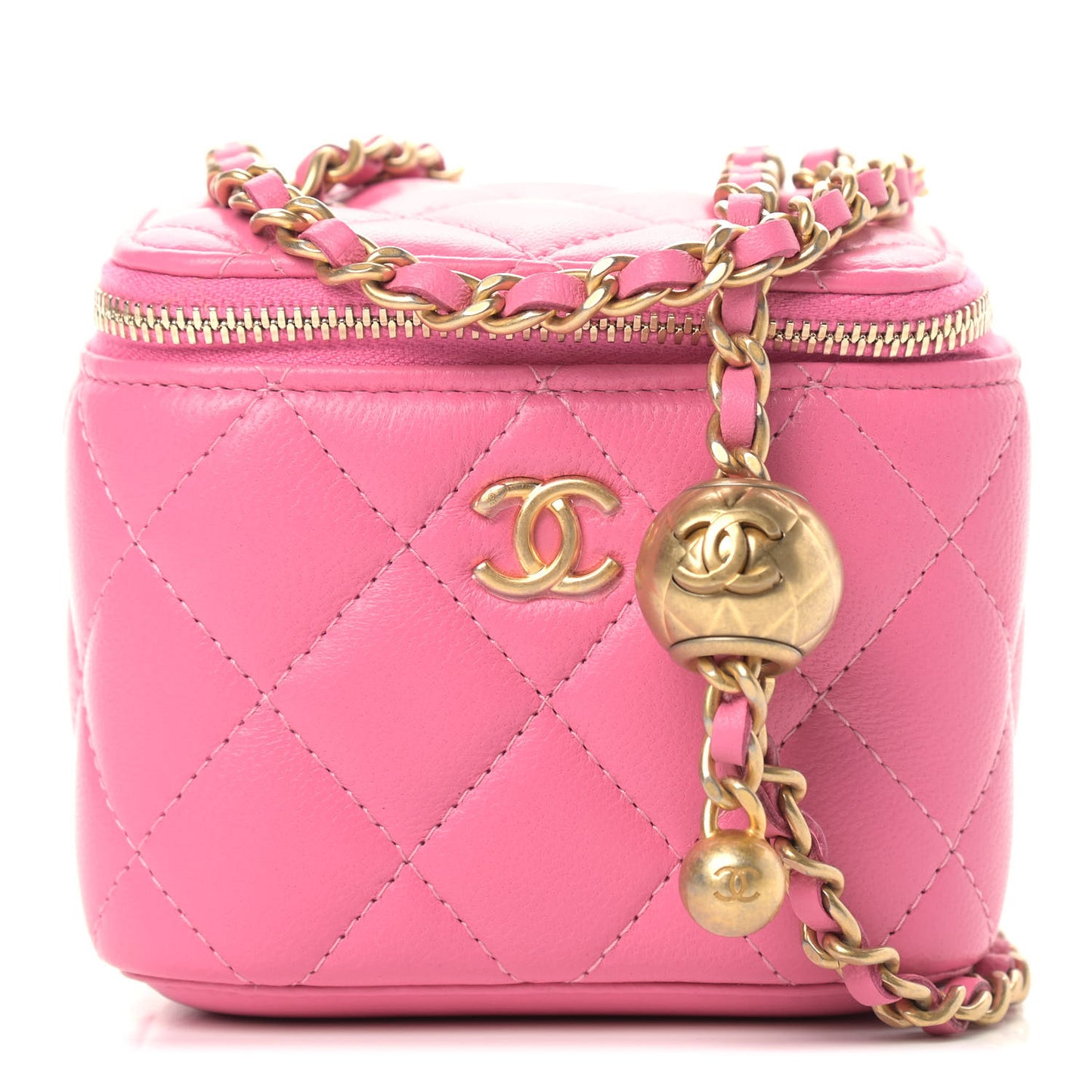 Lambskin Quilted Pearl Crush Mini Vanity Case With Chain Pink