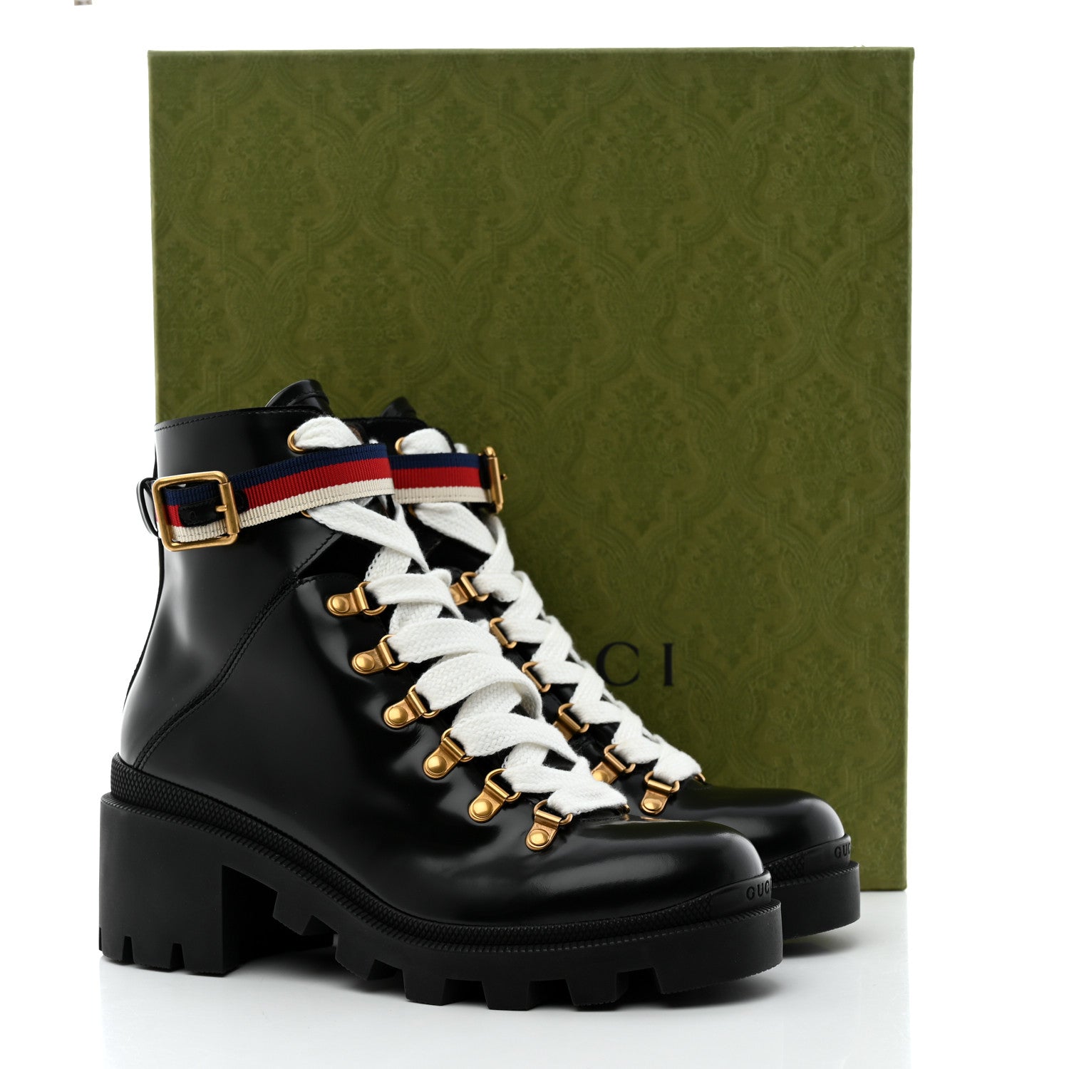 Gucci Calfskin Sylvie Web Womens Lace Up Combat Boots 38.5 Black 9 of 9