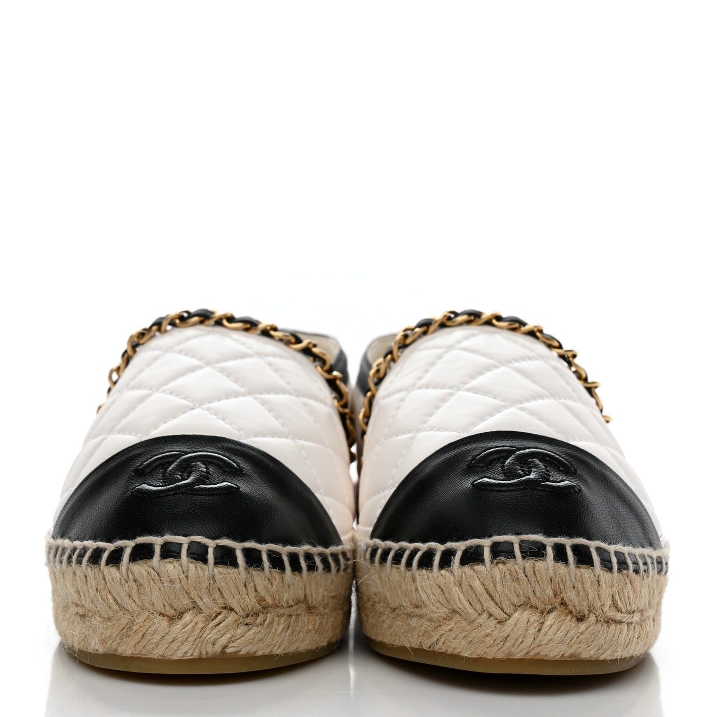 Lambskin Grosgrain Quilted CC Chain Espadrilles 36 White Black
