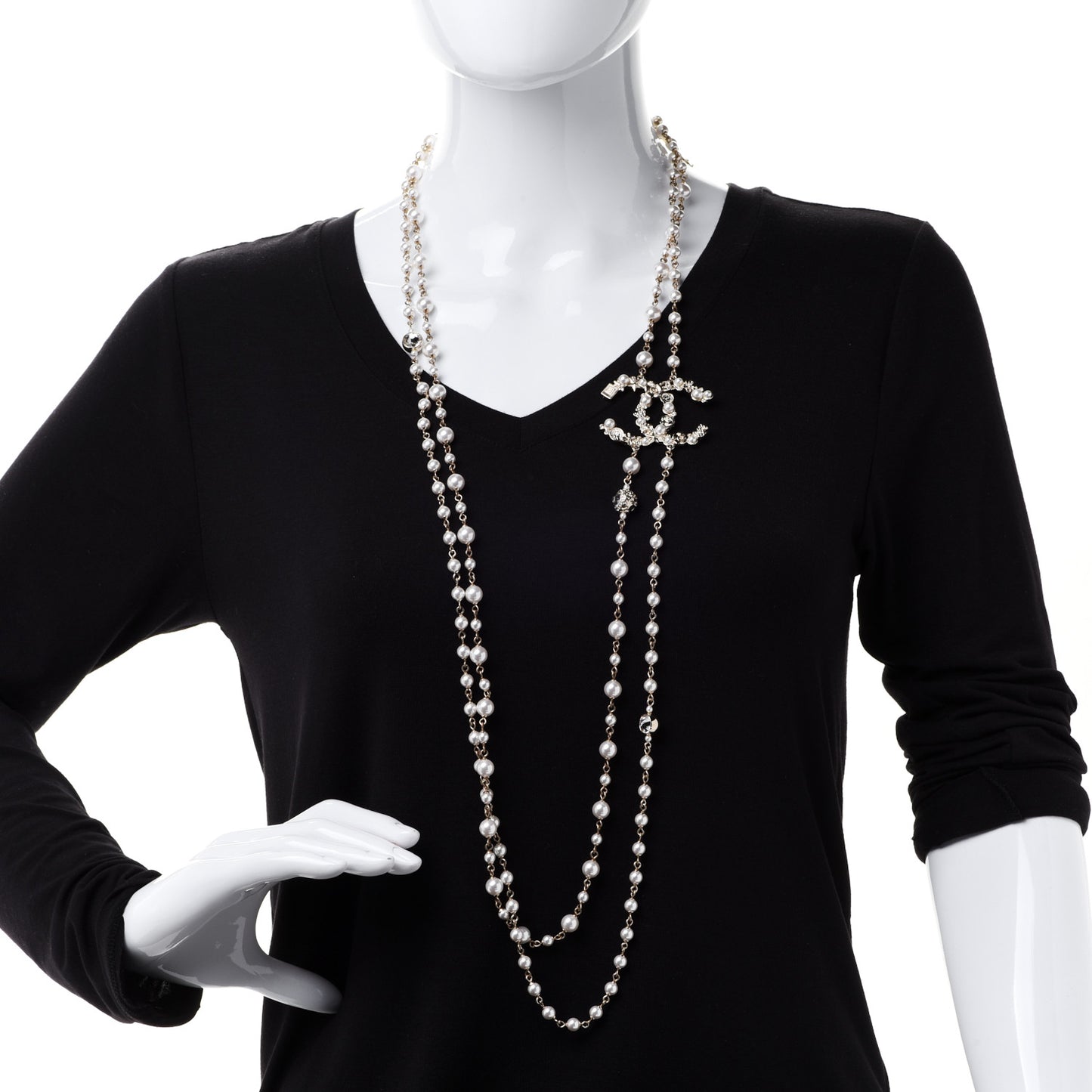 Crystal Pearl CC Charms Long Necklace Gold
