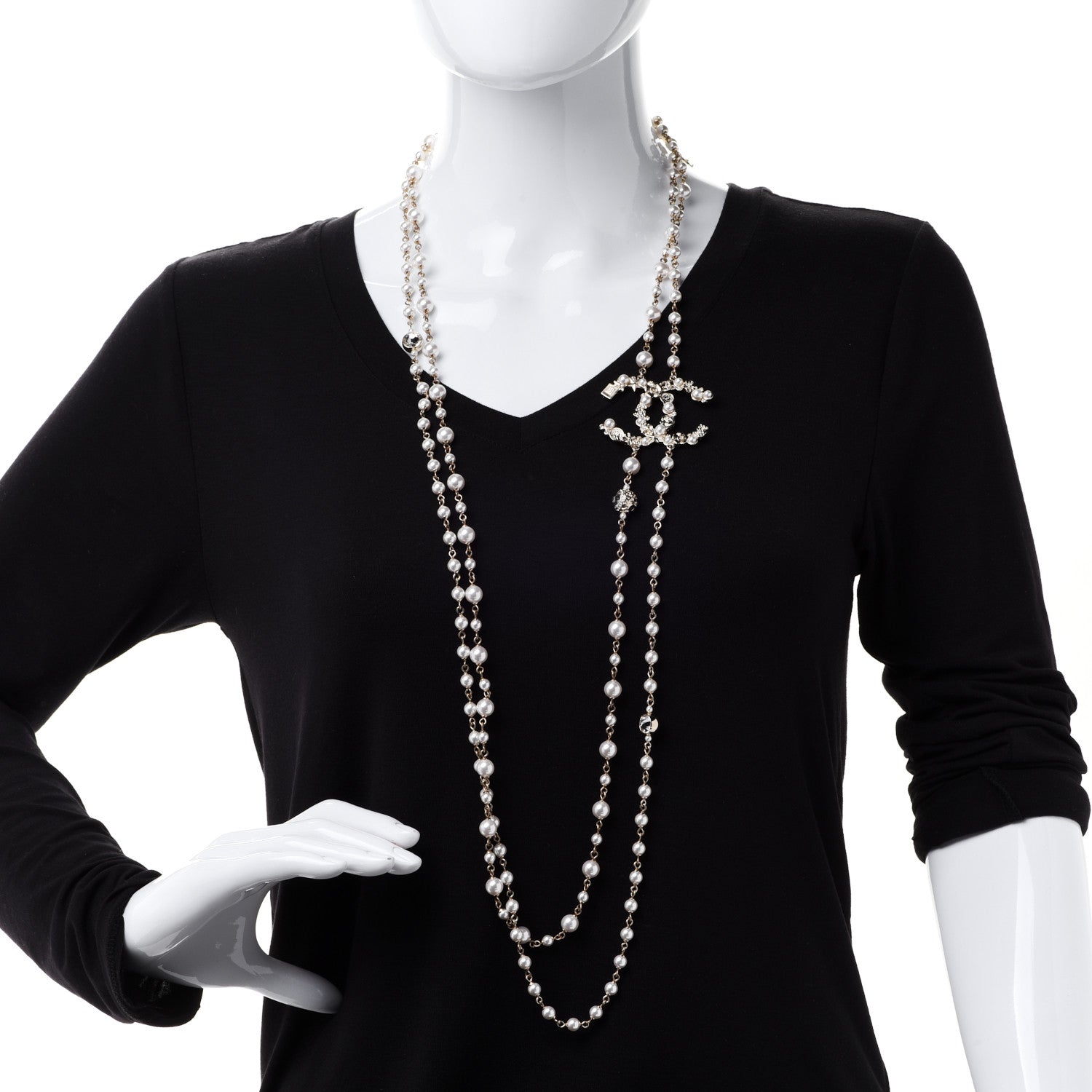 Chanel Crystal Pearl CC Charms Long Necklace Gold 2 of 5