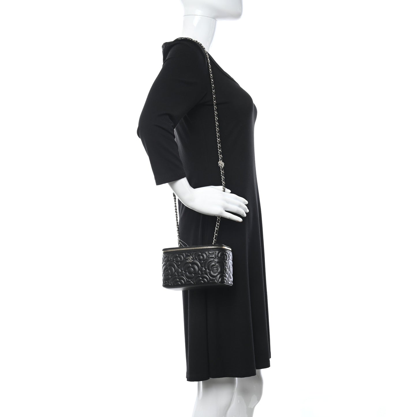 Lambskin Camellia Embossed Small Vanity Case With Chain Black