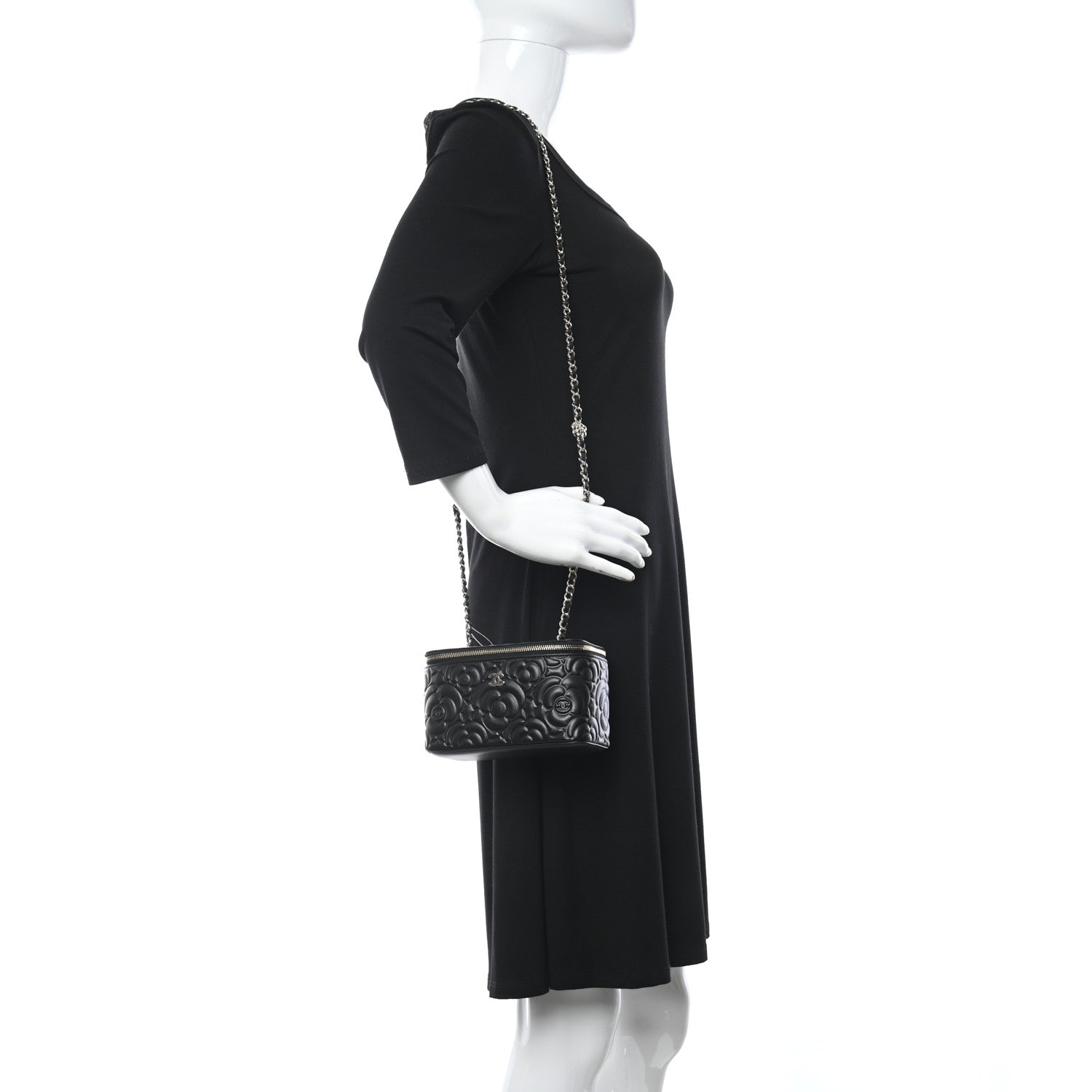 Chanel Lambskin Camellia Embossed Small Vanity Case With Chain Black 2 of 5