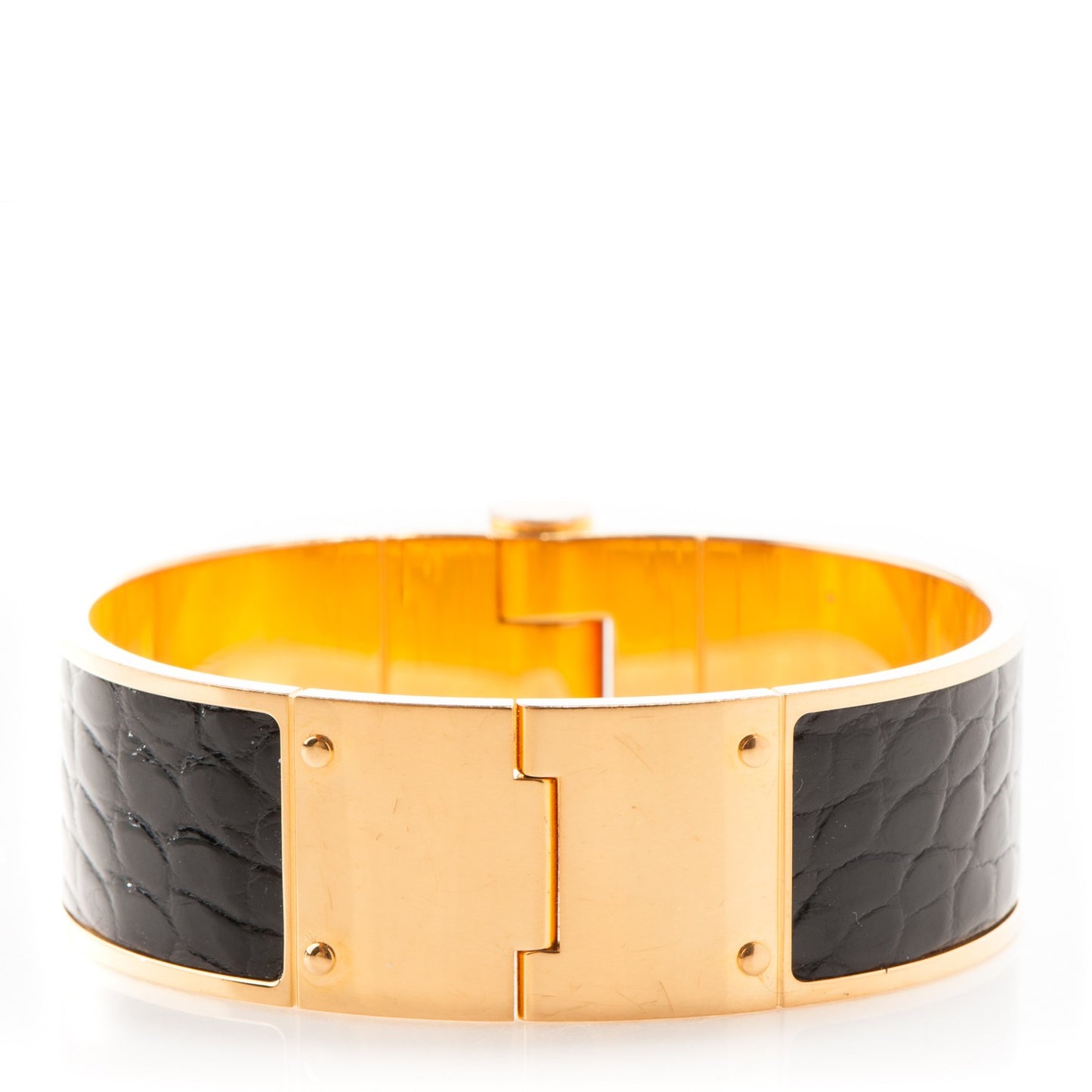 Shiny Alligator Charniere Cuir Wide Hinged Bracelet S Black