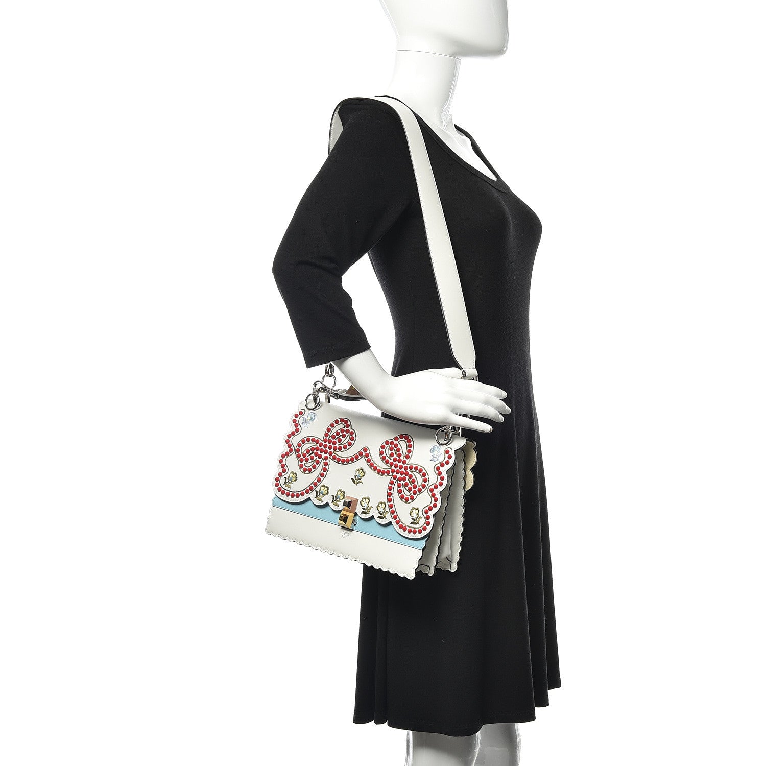 Fendi Vitello Liberty Scalloped Studded Flowers and Bows Kan I Shoulder Bag White Multicolor 2 of 13