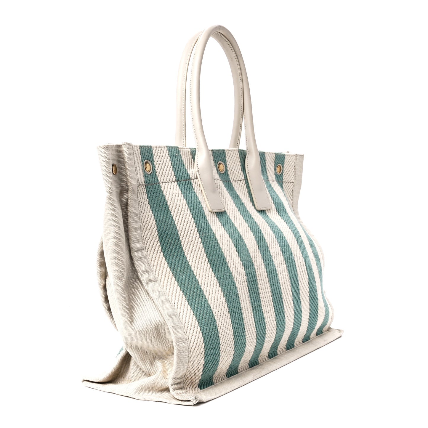 Cotton Linen Calfskin Striped Rive Gauche Tote Water Green