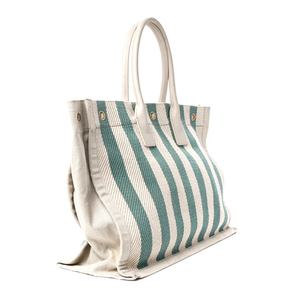 Saint Laurent Cotton Linen Calfskin Striped Rive Gauche Tote Water Green 3 of 11