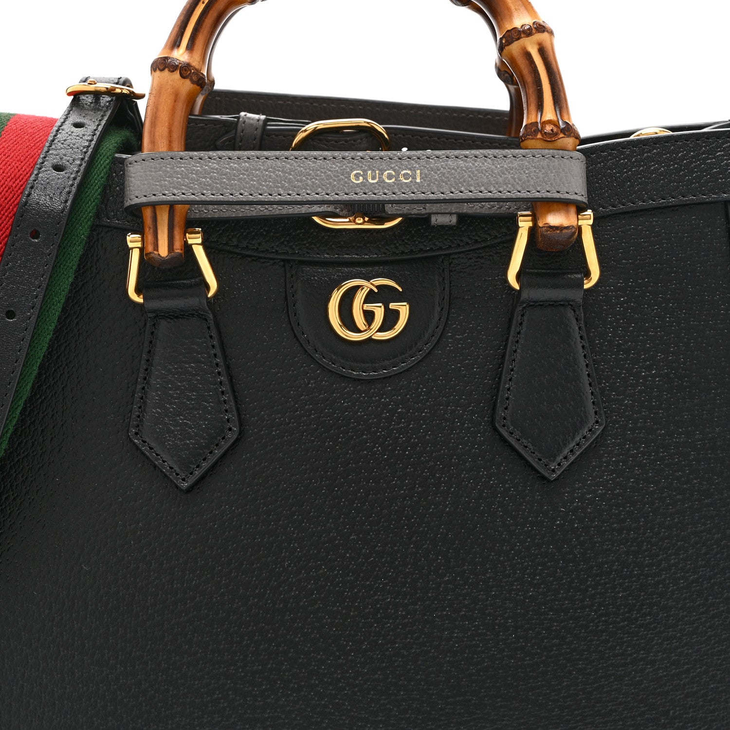 Gucci Textured Dollar Calfskin Web Small Diana Tote Bag Black Dusty Grey 9 of 11