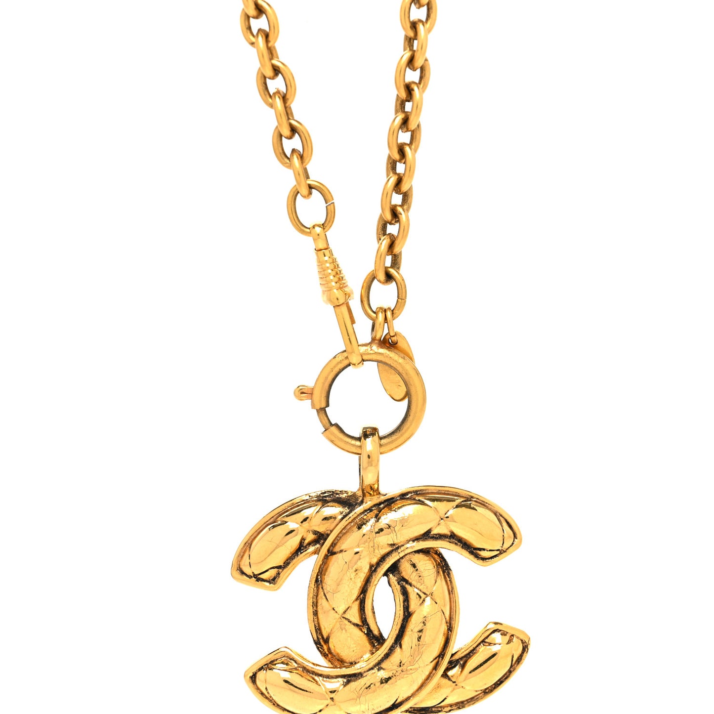 Metal Quilted CC Long Necklace Gold