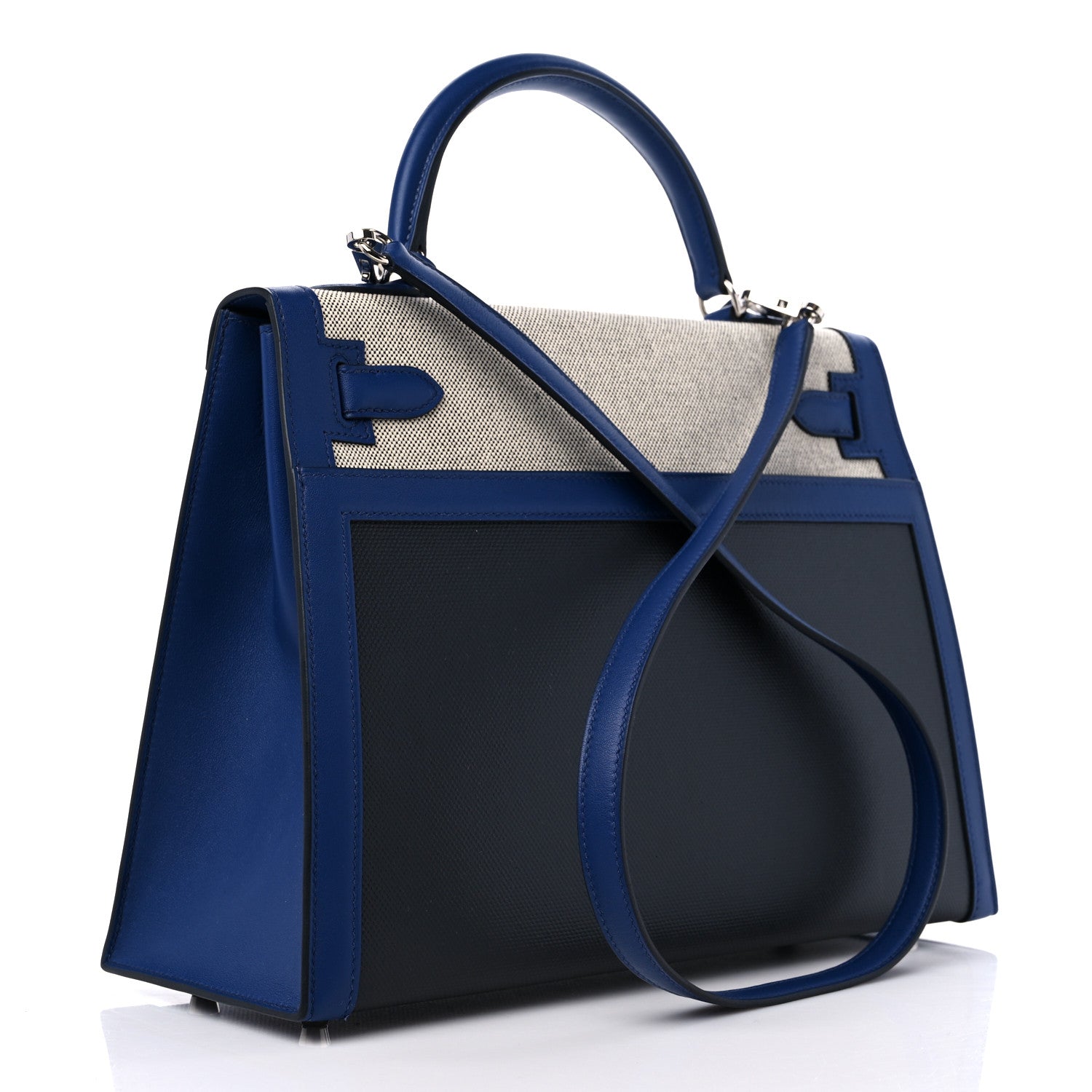 Hermes Berline Toile Swift Kelly Sellier 32 Black Ecru Bleu Sapphire 3 of 9