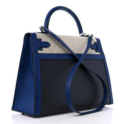 Hermes Berline Toile Swift Kelly Sellier 32 Black Ecru Bleu Sapphire 3 of 9