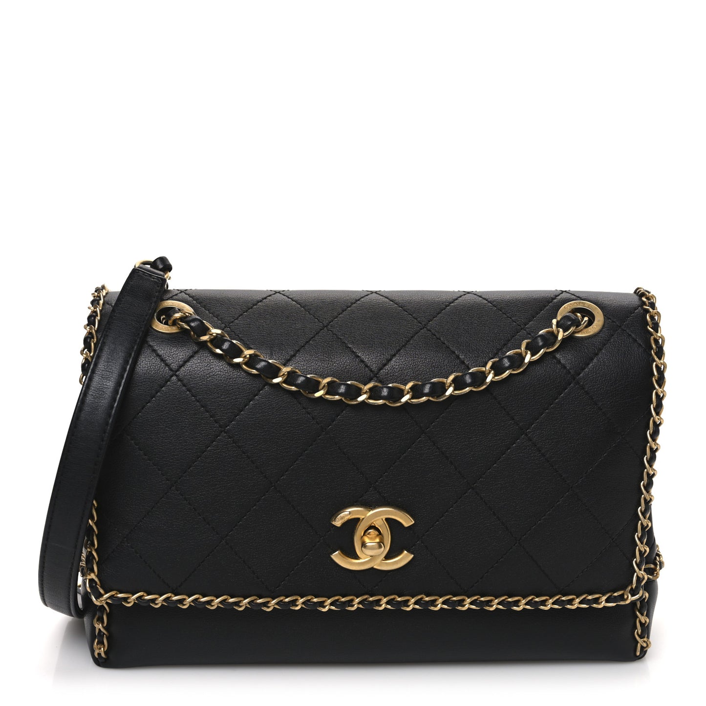 Calfskin Stitched Chain Flap Black