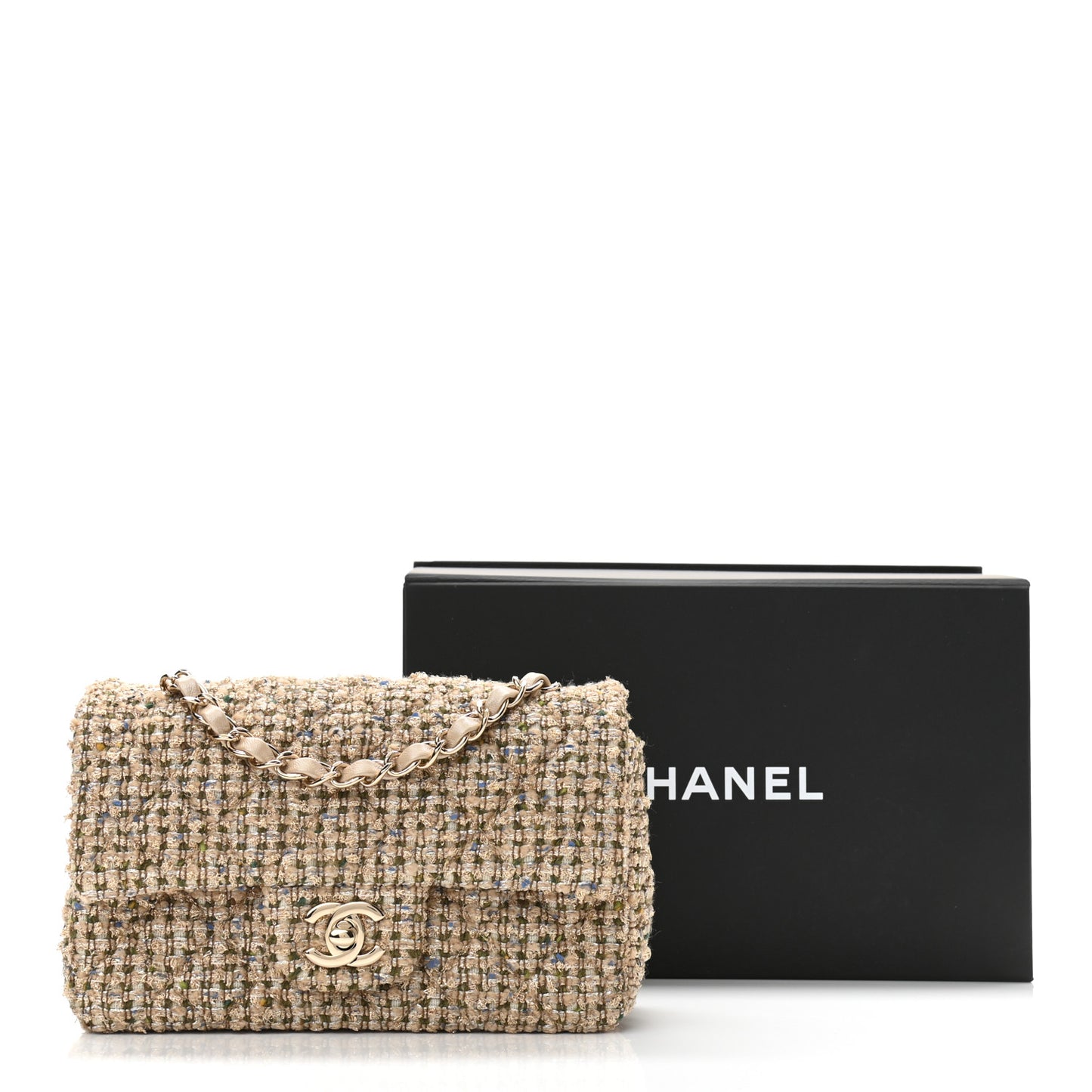Tweed Quilted Mini Rectangular Flap Beige