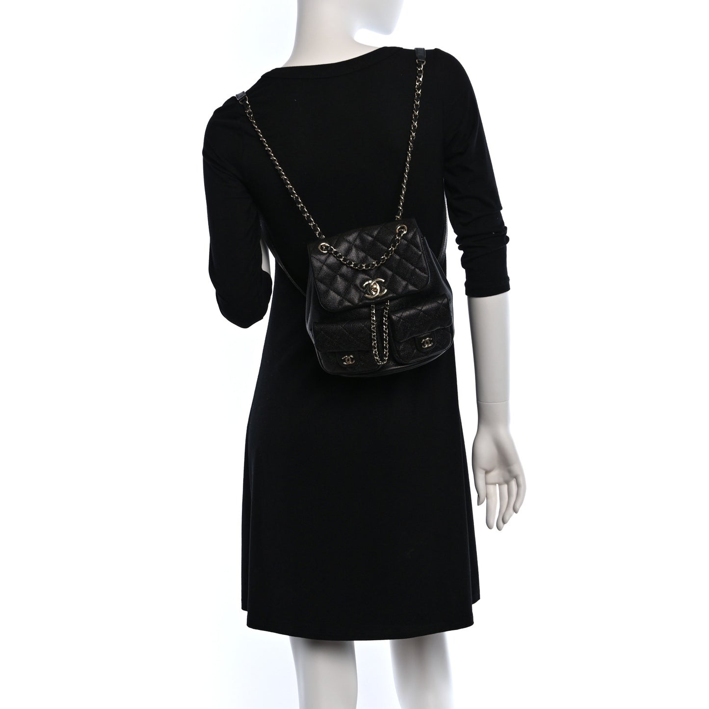 Shiny Caviar Quilted Medium Duma Pockets Drawstring Backpack Black