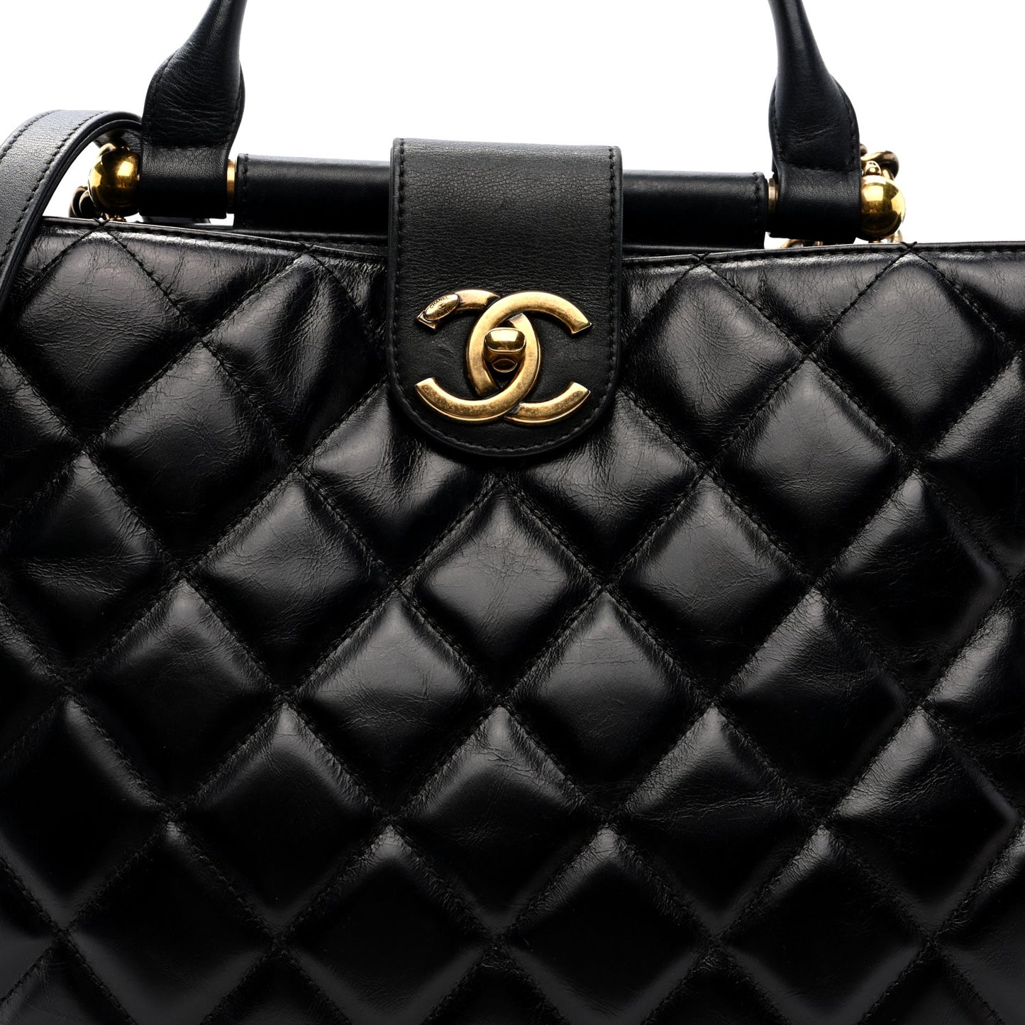 Glazed Calfskin Quilted Gold Bar Tote Black