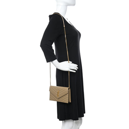 Saint Laurent Grain De Poudre Matelasse Chevron Monogram Envelope Chain Wallet Dark Latte 2 of 10