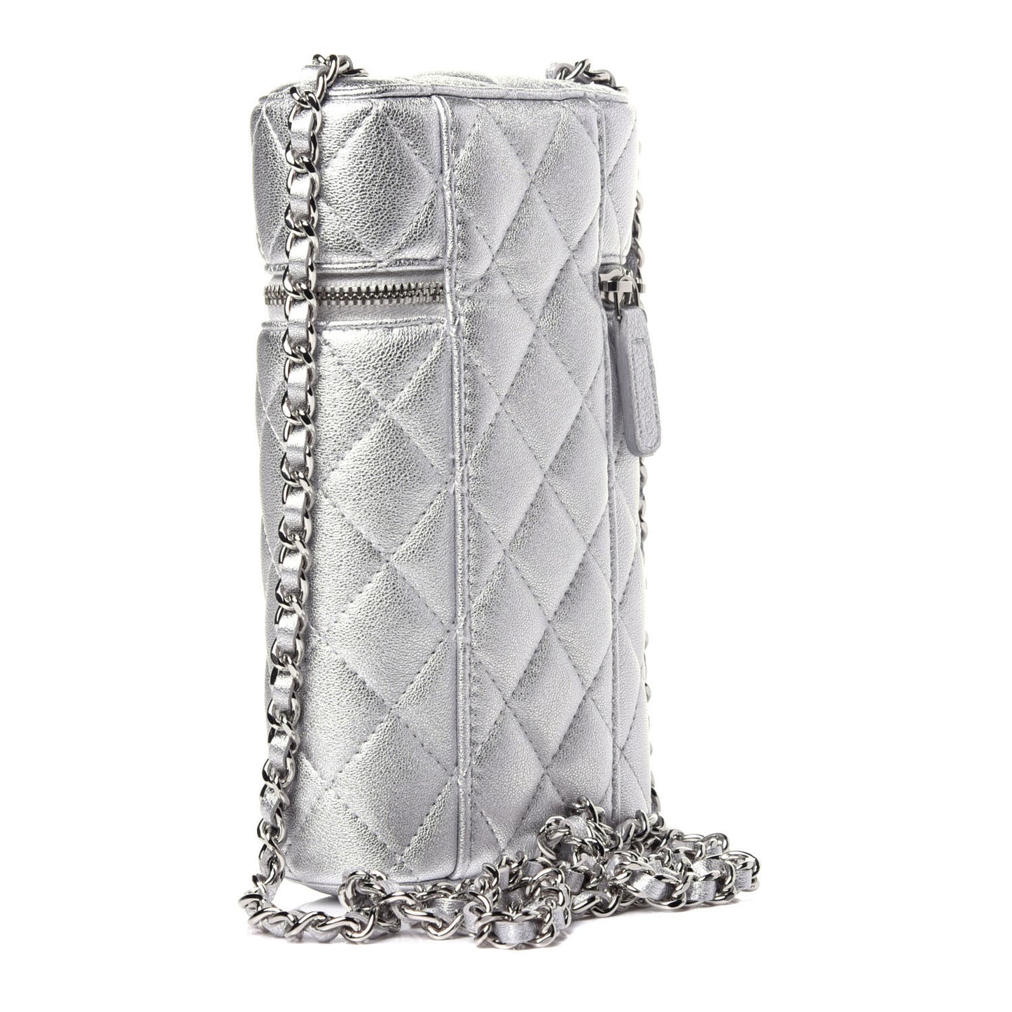 Metallic Lambskin Quilted Phone Holder With Chain Silver