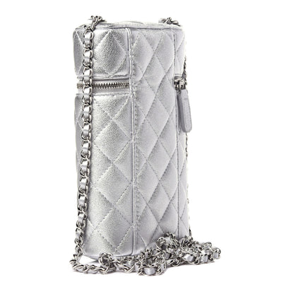 Chanel Metallic Lambskin Quilted Phone Holder With Chain Silver 3 of 12