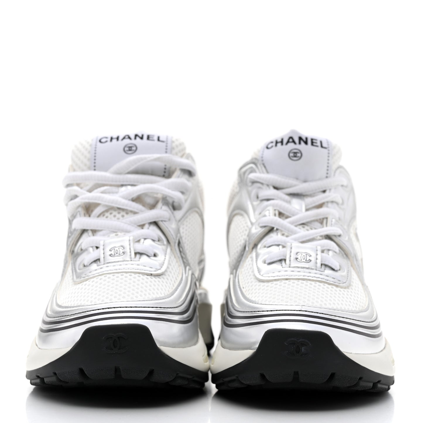 Fabric Laminated Calfskin Stretch CC Womens Sneakers 35 White Silver