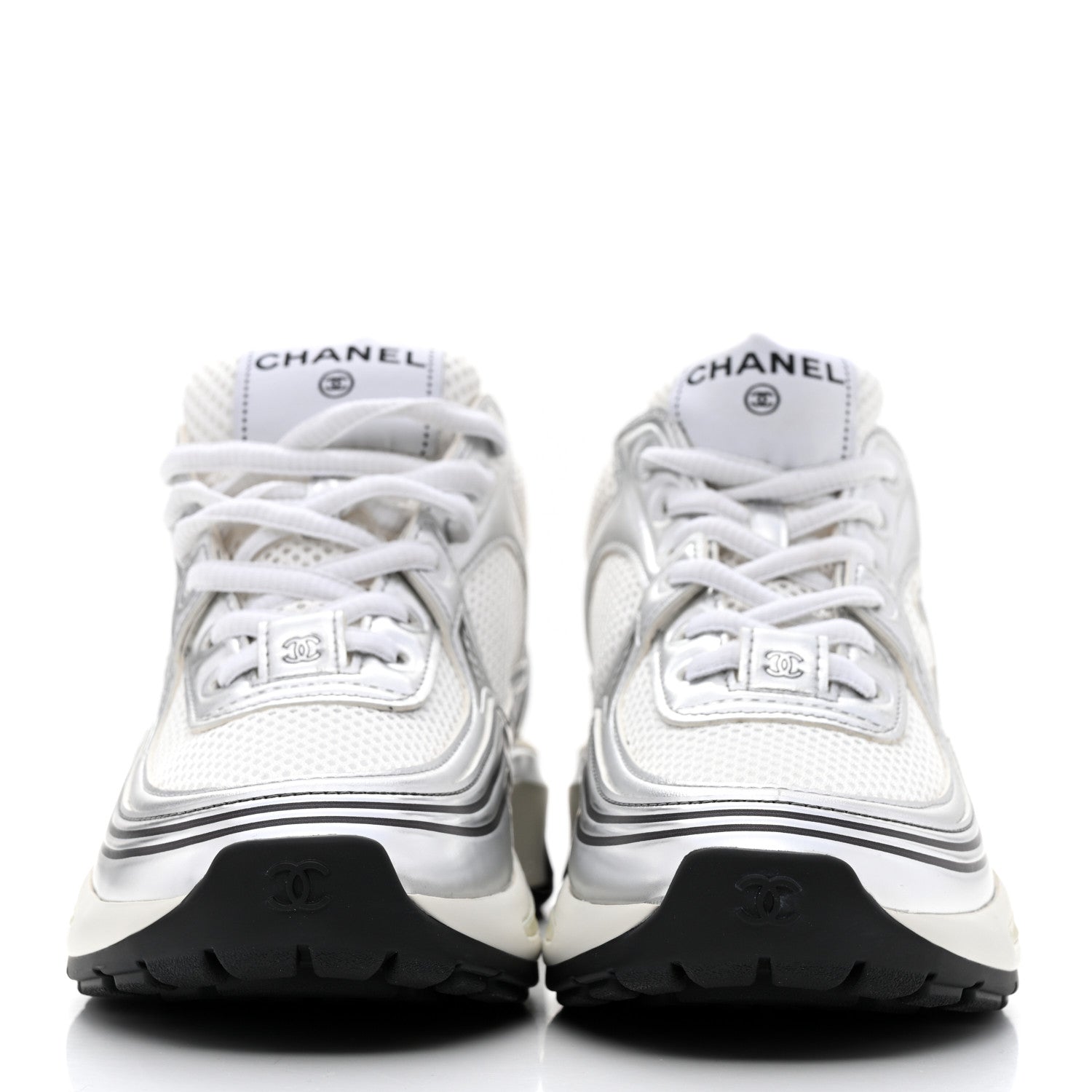 Chanel Fabric Laminated Calfskin Stretch CC Womens Sneakers 35 White Silver 2 of 8