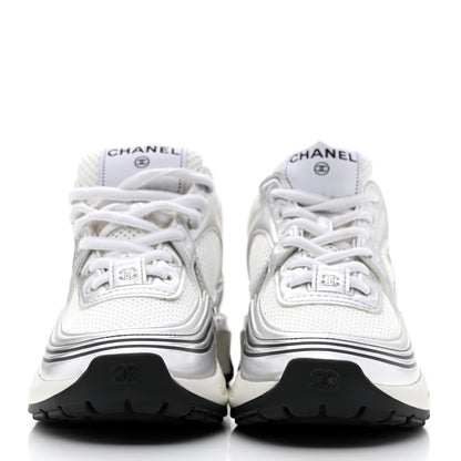 Chanel Fabric Laminated Calfskin Stretch CC Womens Sneakers 35 White Silver 2 of 8