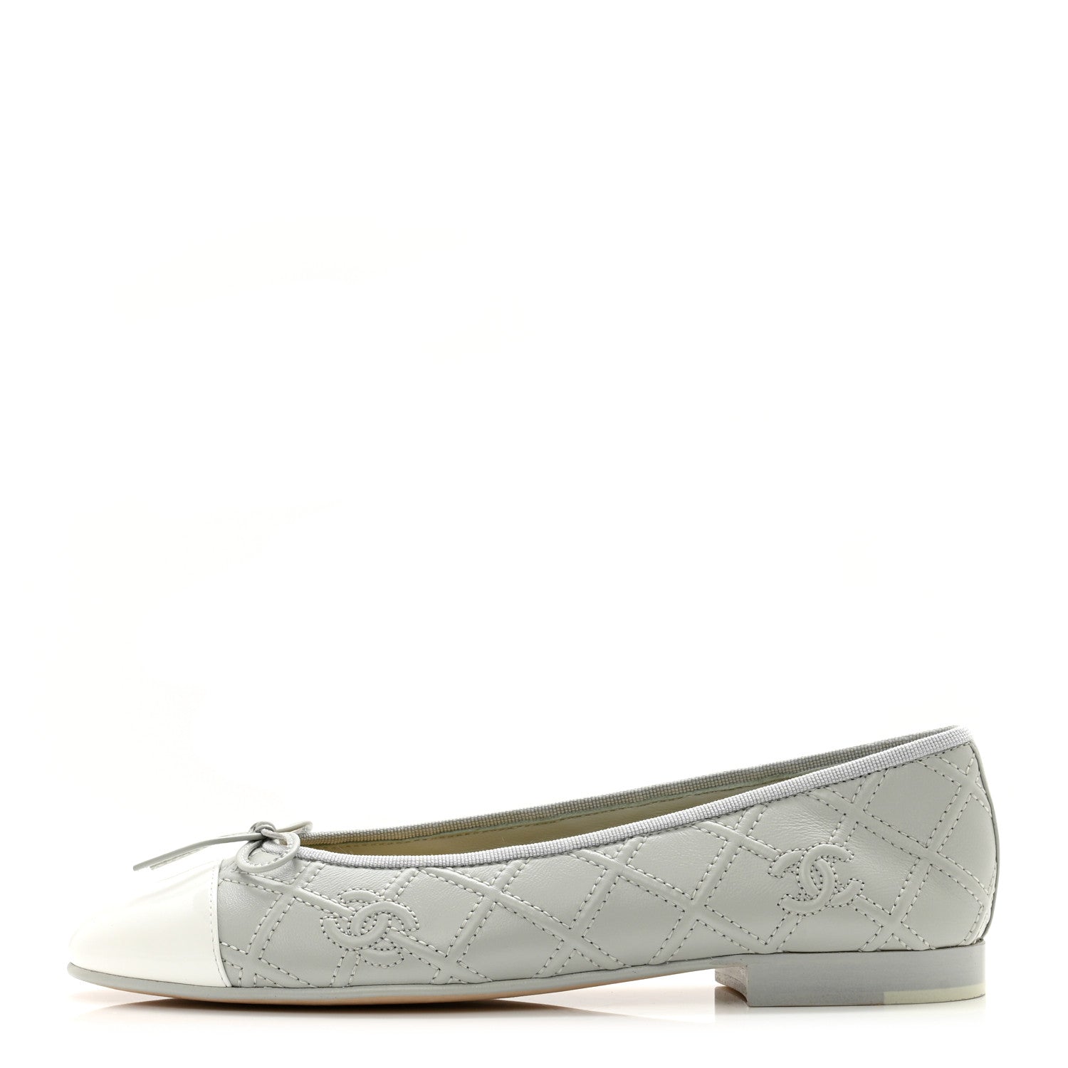 Chanel Lambskin Patent Double Stitched CC Cap Toe Ballerina Flats 37.5 Grey 1 of 9