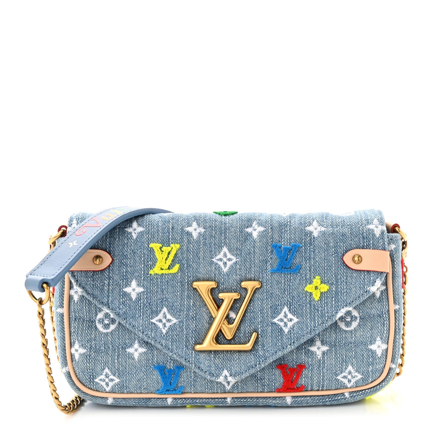 Embroidered Monogram Denim New Wave Chain Pochette Blue