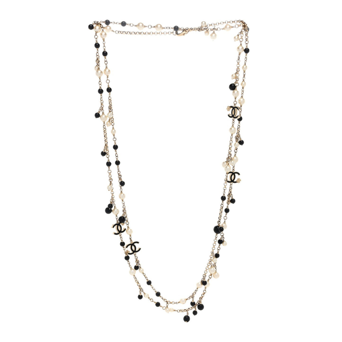 Pearl Bead Enamel CC Long Necklace Gold Black White