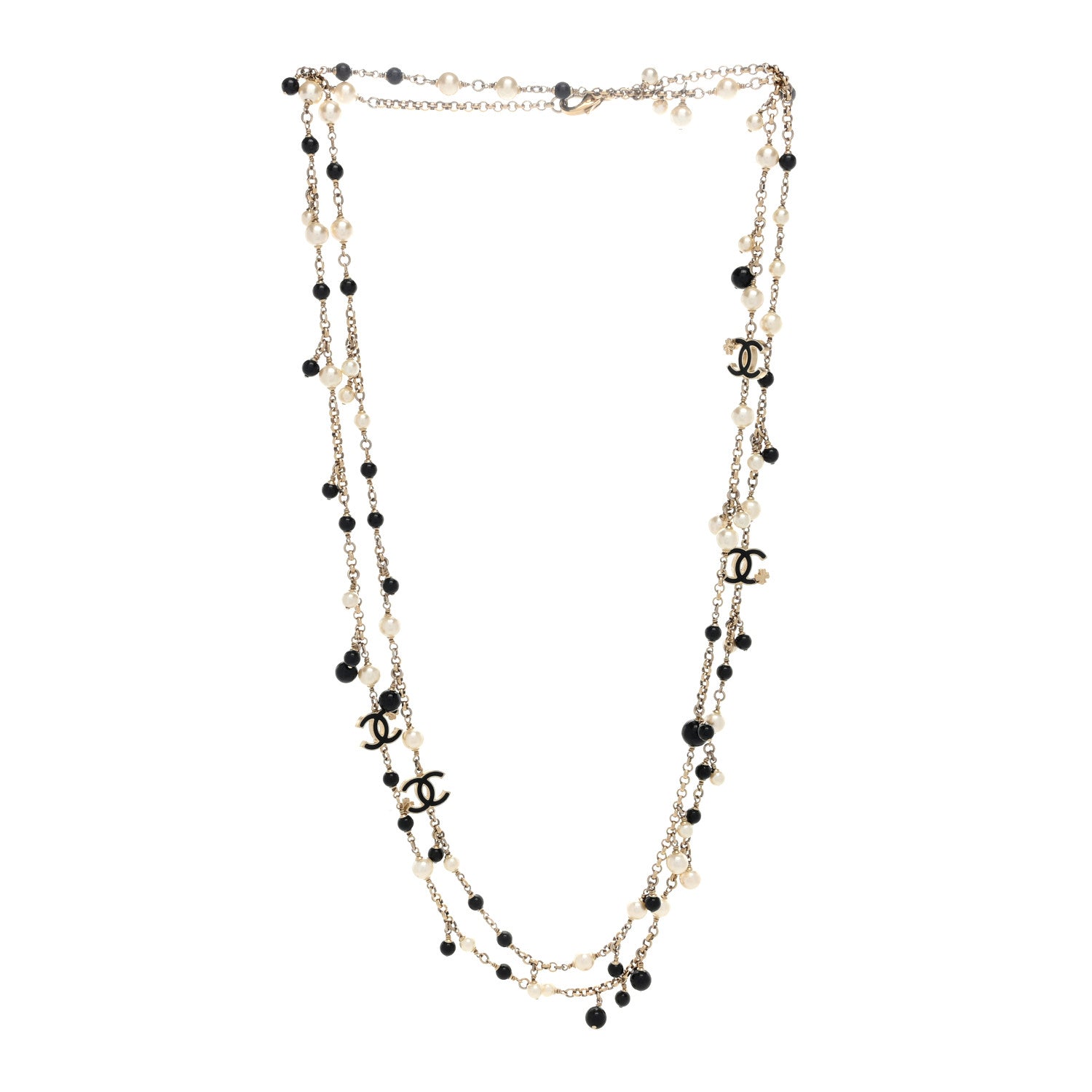 Chanel Pearl Bead Enamel CC Long Necklace Gold Black White 2 of 3