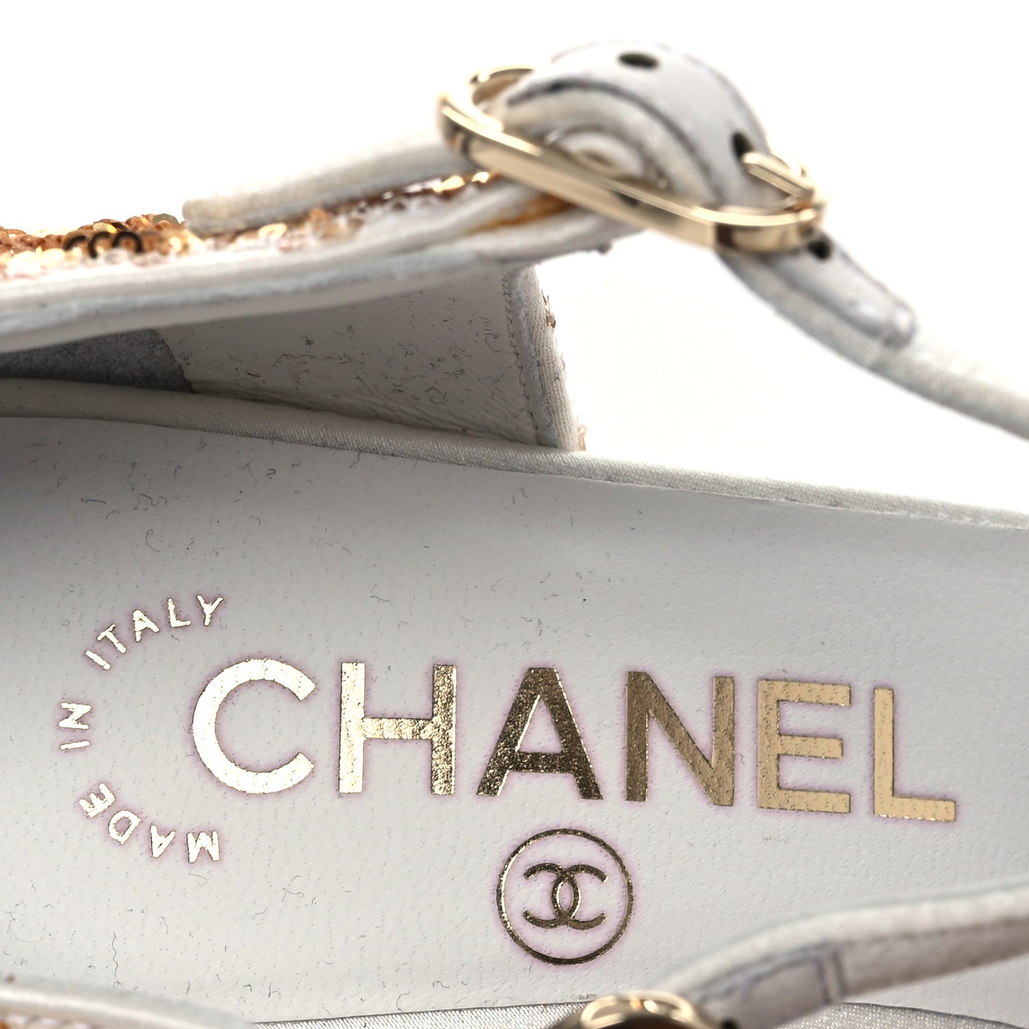 Chanel Metallic Sequin Peep Toe Pumps 37.5 Light Gold White 9 of 14