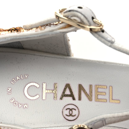 Chanel Metallic Sequin Peep Toe Pumps 37.5 Light Gold White 9 of 14