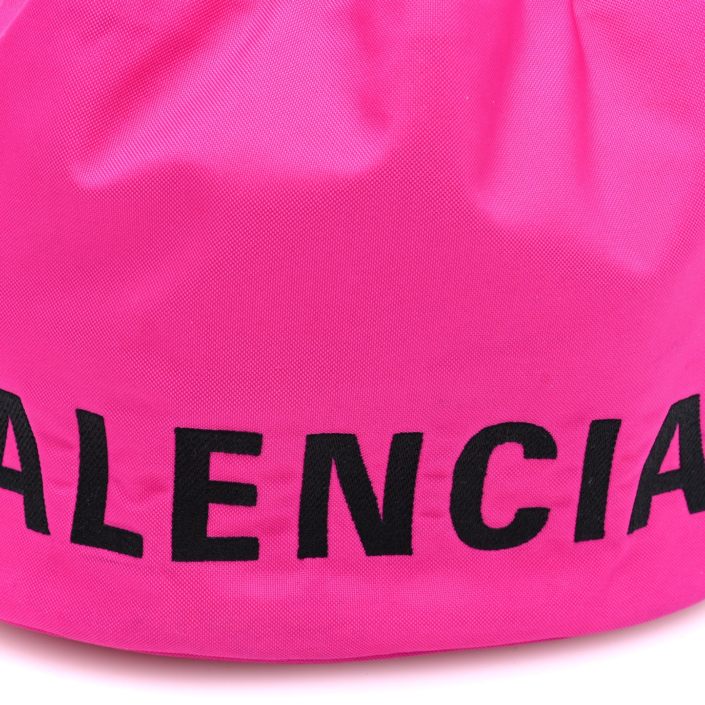 Recycled Sport Nylon Logo Embroidered Small Wheel Drawstring Bucket Bag Fluo Pink Black