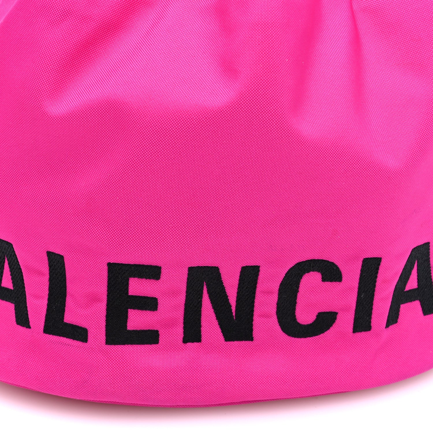 Balenciaga Recycled Sport Nylon Logo Embroidered Small Wheel Drawstring Bucket Bag Fluo Pink Black 8 of 10