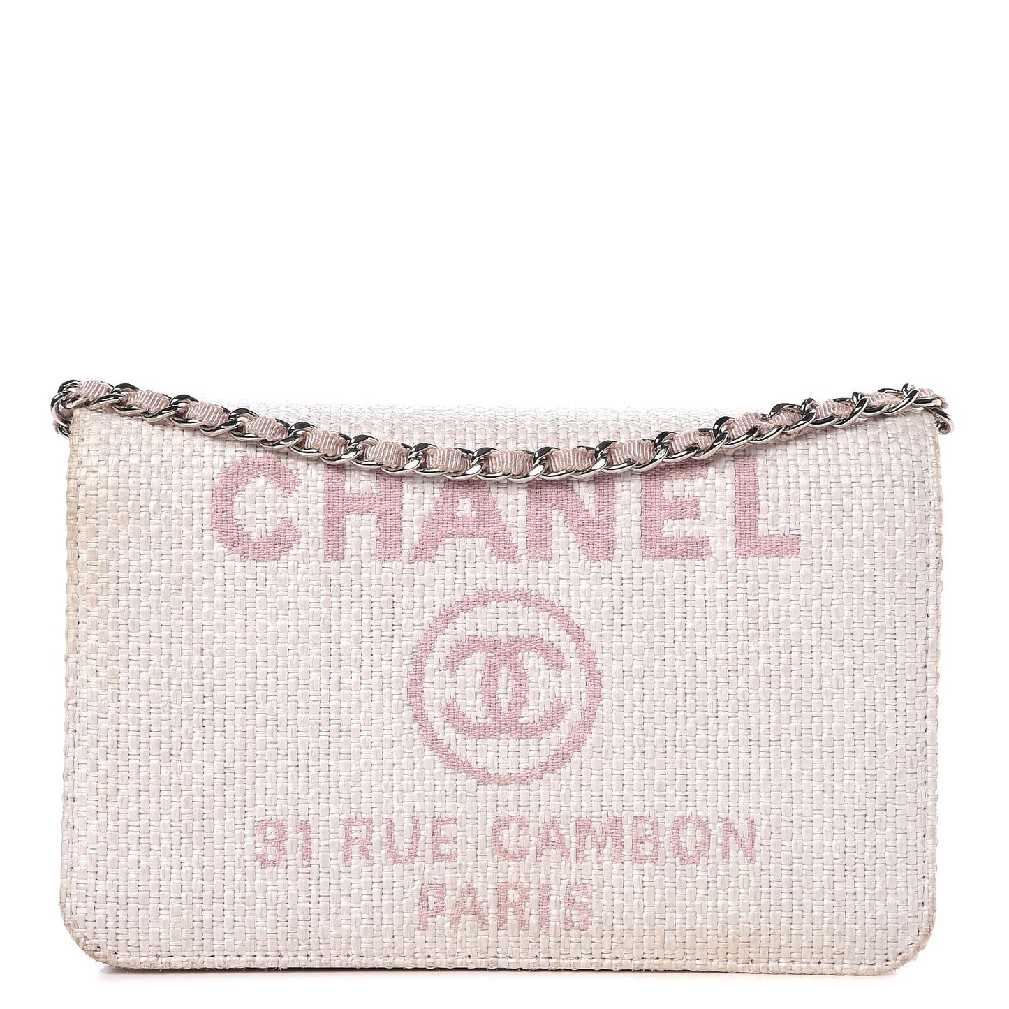 Woven Straw Deauville Wallet on Chain Pink