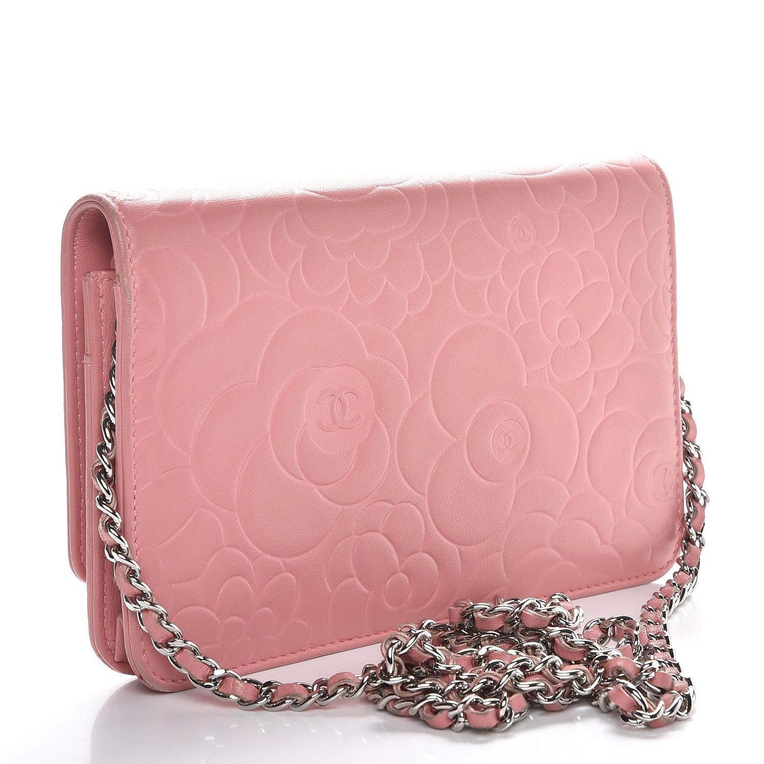 Chanel Lambskin Camellia Embossed Wallet On Chain WOC Pink 3 of 8