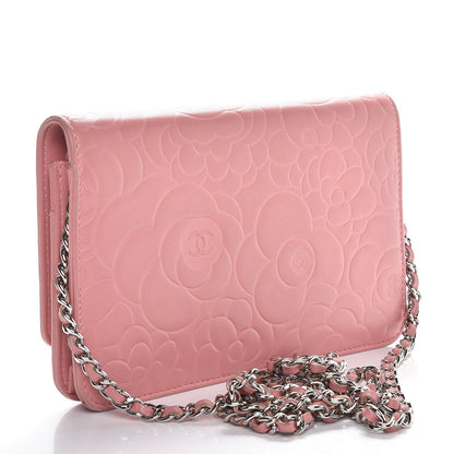 Chanel Lambskin Camellia Embossed Wallet On Chain WOC Pink 3 of 8