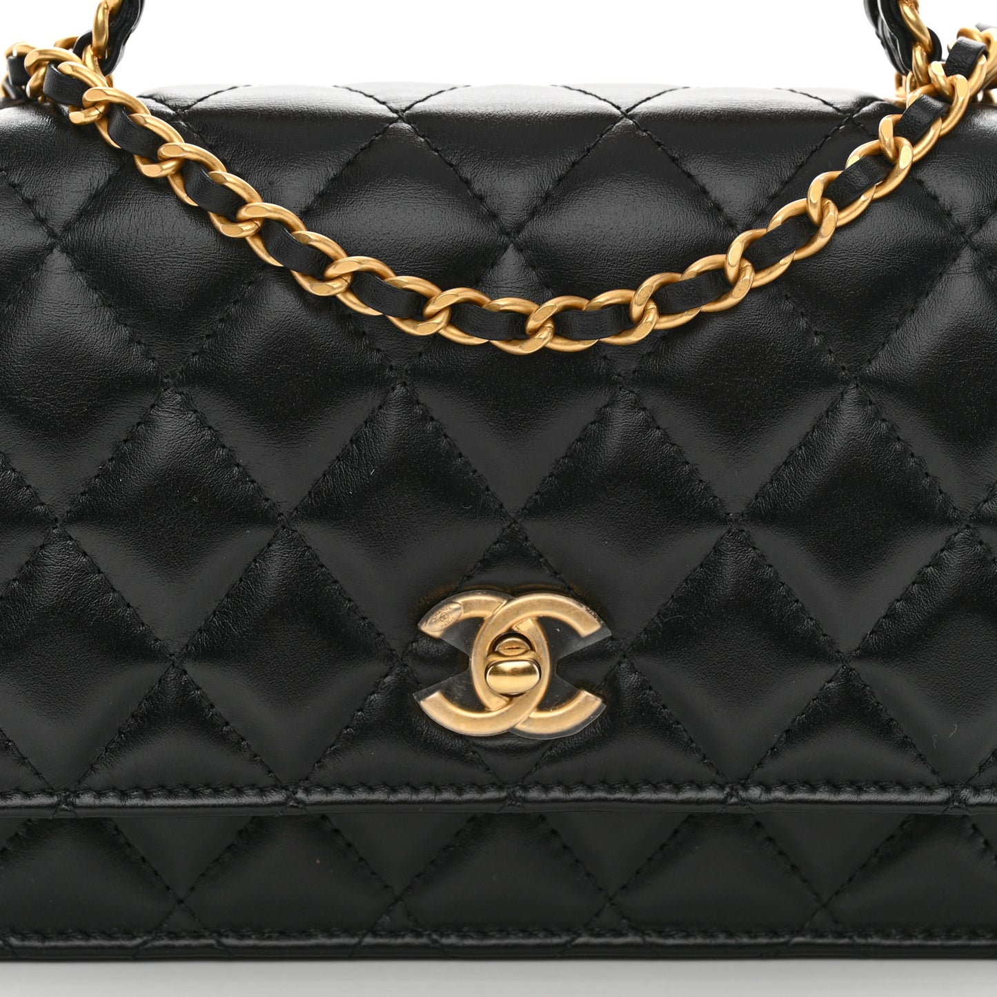 Shiny Calfskin Quilted Metal Top Handle Wallet On Chain WOC Black