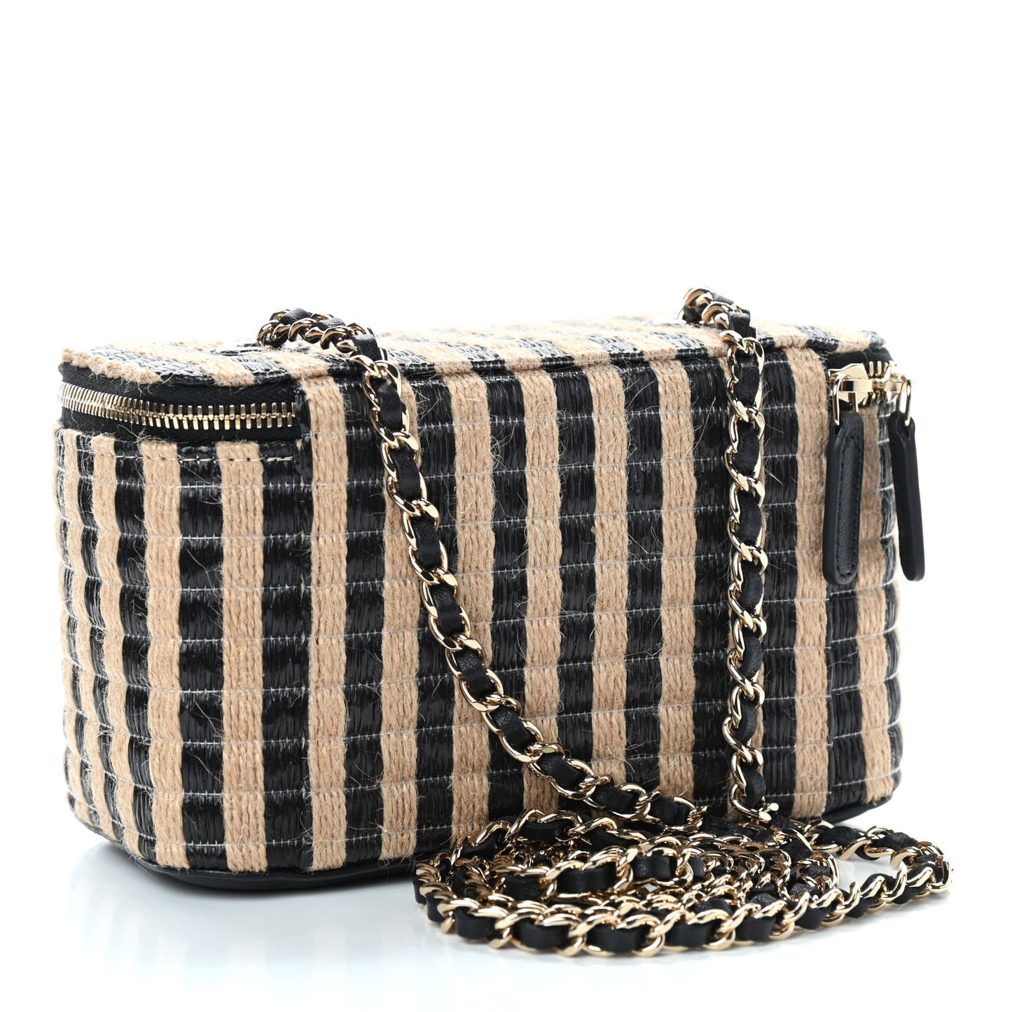 Raffia Jute Striped Small Vanity Case With Chain Black Beige
